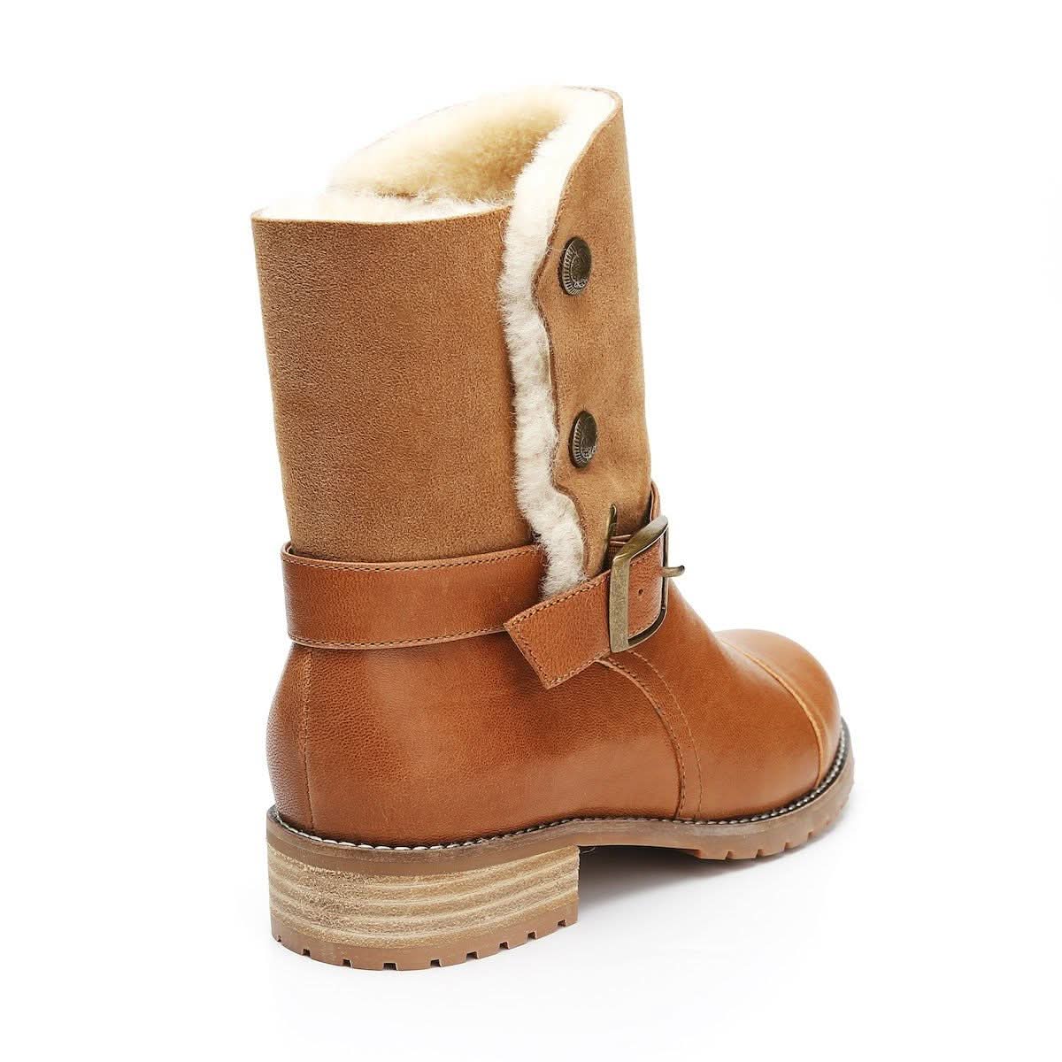Tan sheepskin-lined wool boot with buckle strap, rear three-quarter view. - Yellow Earth Australia