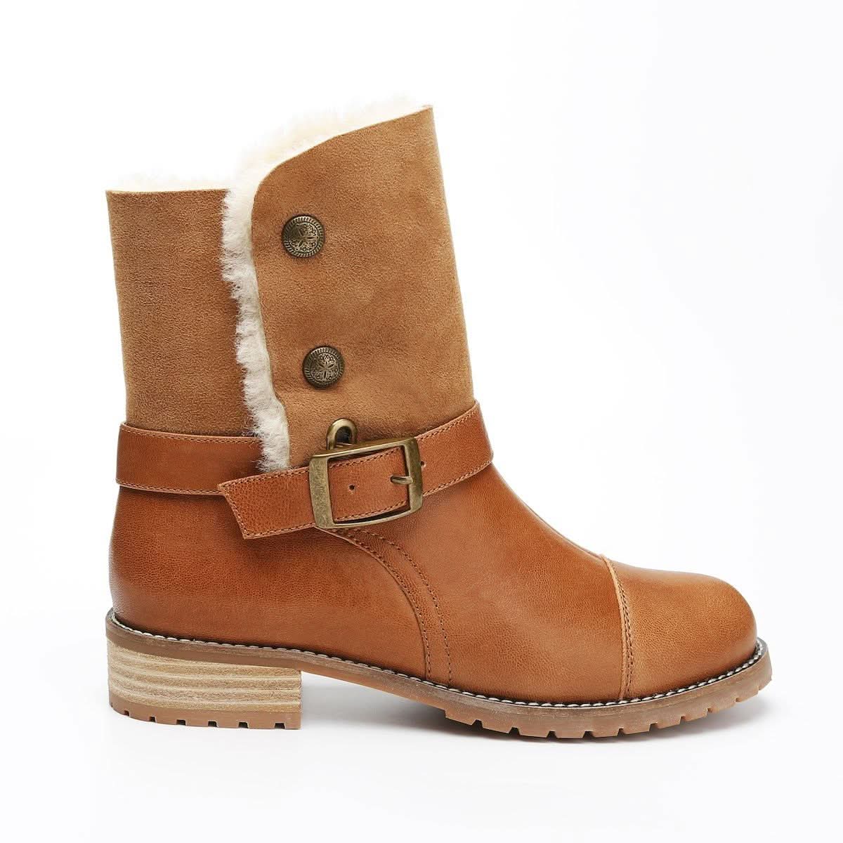 Tan suede and sheepskin mid-calf boot with buckle strap, side view. - Yellow Earth Australia