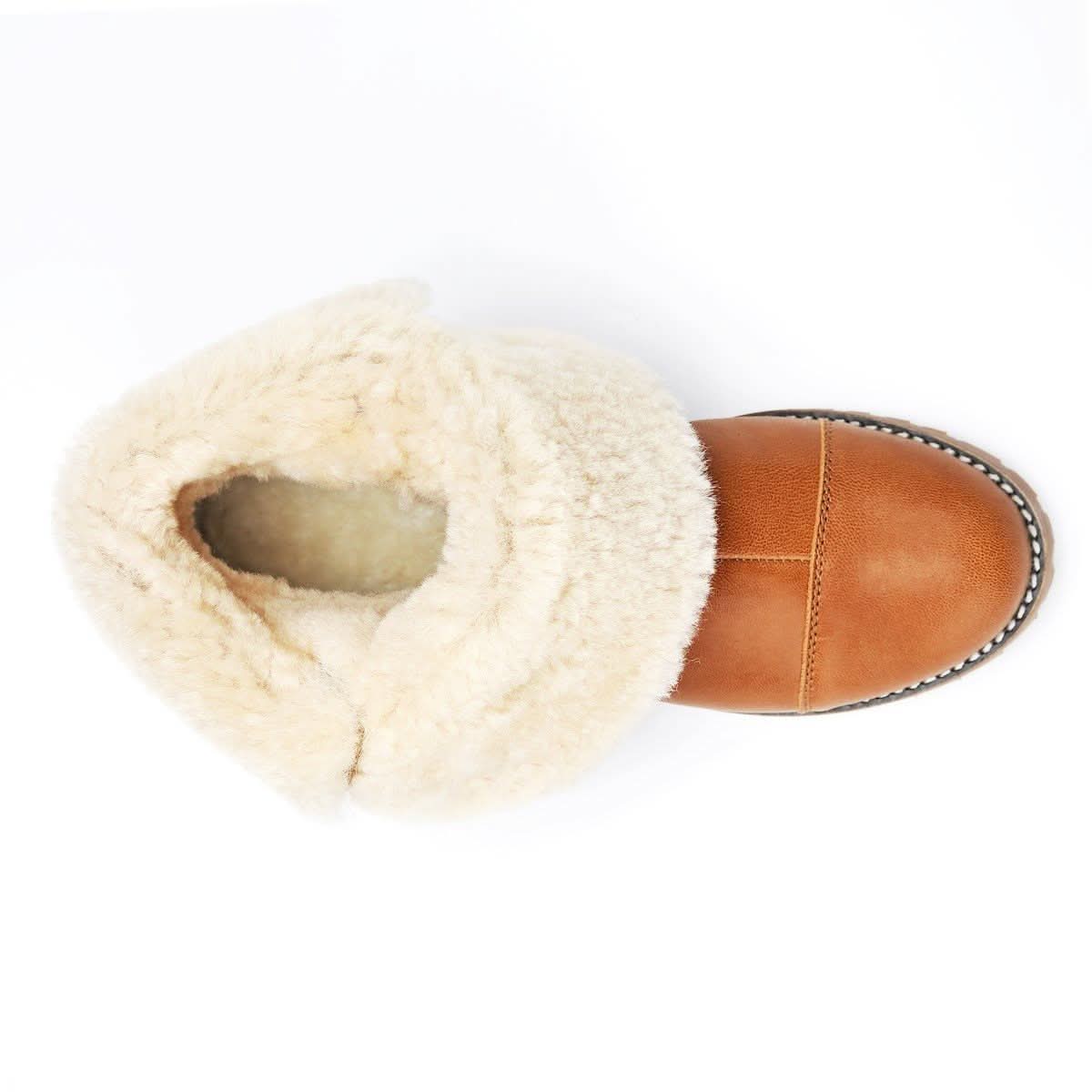 Tan leather and cream sheepskin lined winter boot, top-down view. - Yellow Earth Australia