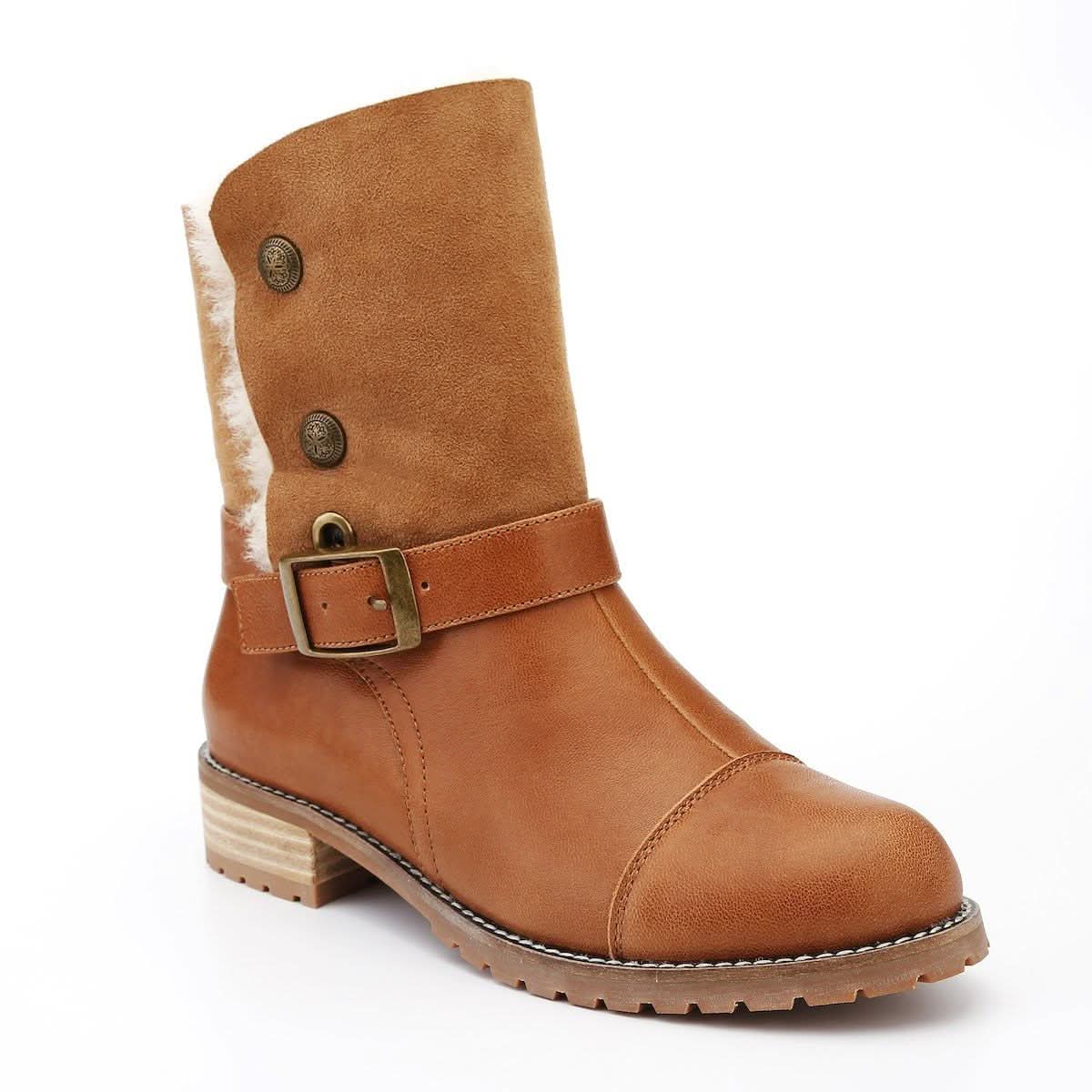 Tan leather and sheepskin mid-calf boot with buckle strap, side view. - Yellow Earth Australia
