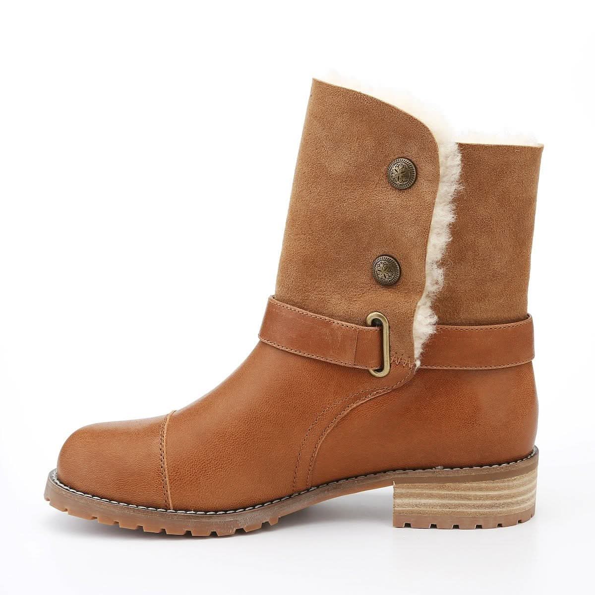 Tan suede and sheepskin mid-calf boot with buckle detail, side view. - Yellow Earth Australia