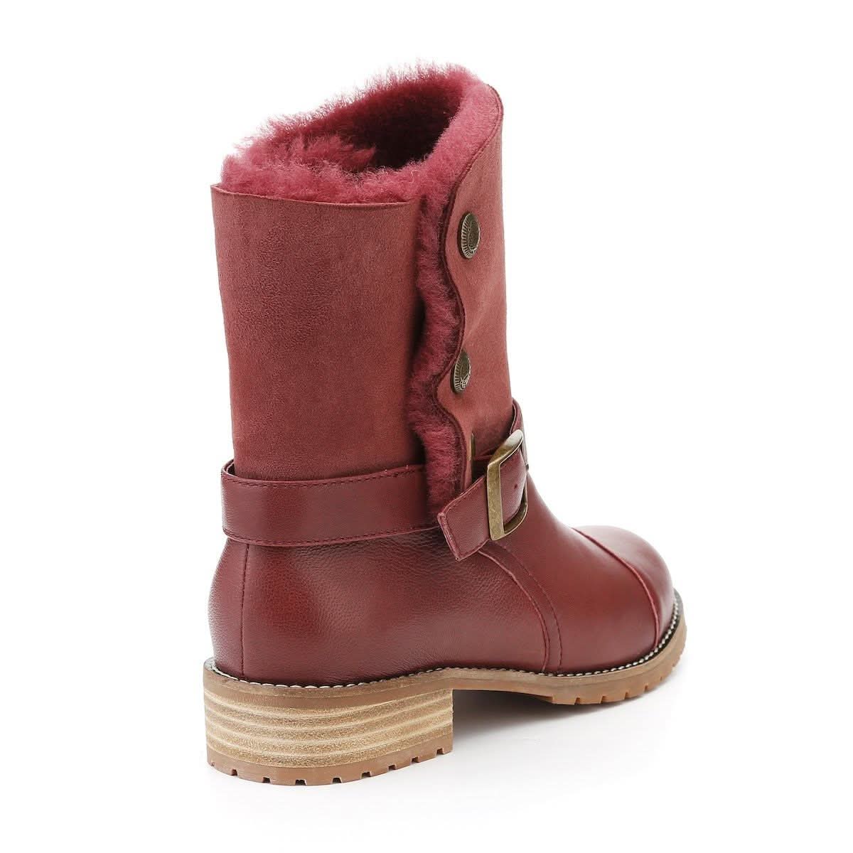 Burgundy sheepskin wool boot with fur lining and lug sole, rear view. - Yellow Earth Australia