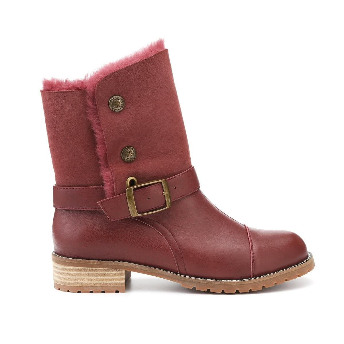 Burgundy sheepskin mid-calf boot with buckle strap, side view. - Yellow Earth Australia