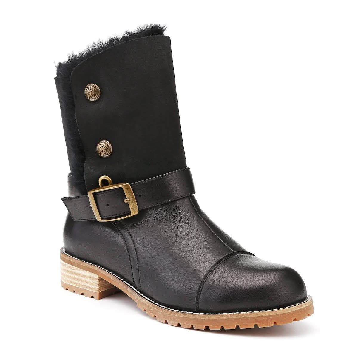 Black sheepskin calf boot with fur cuff, gold buckle and wooden heel, side view. - Yellow Earth Australia