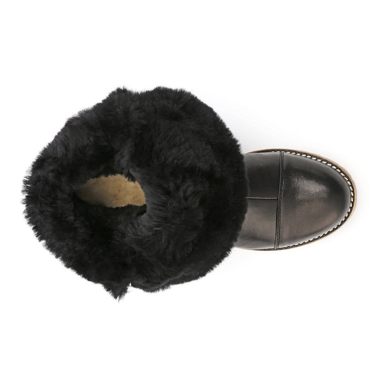 Black sheepskin and leather winter boot with fluffy wool lining, top view. - Yellow Earth Australia