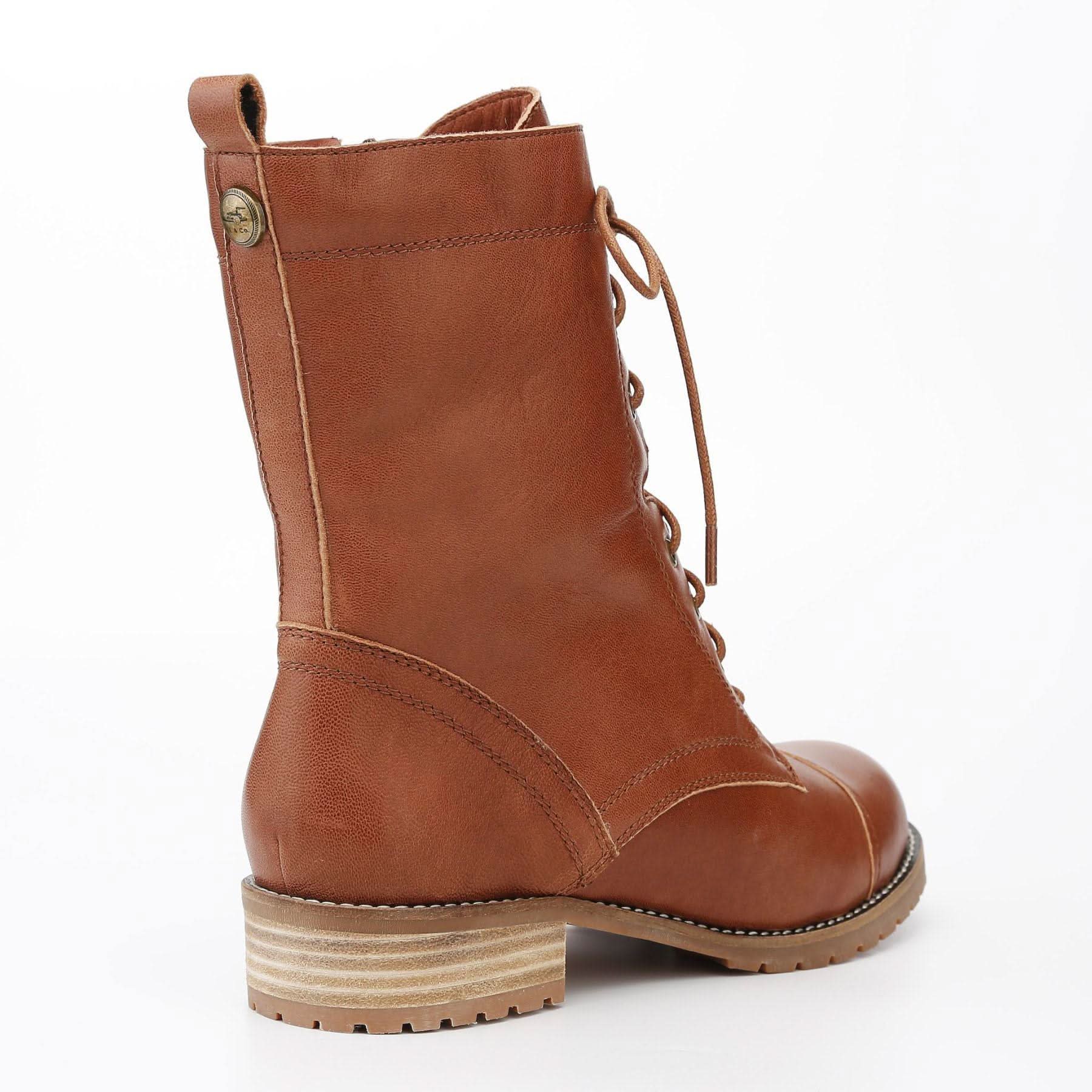 Tan leather lace-up boot with chunky sole, rear three-quarter view. - Yellow Earth Australia