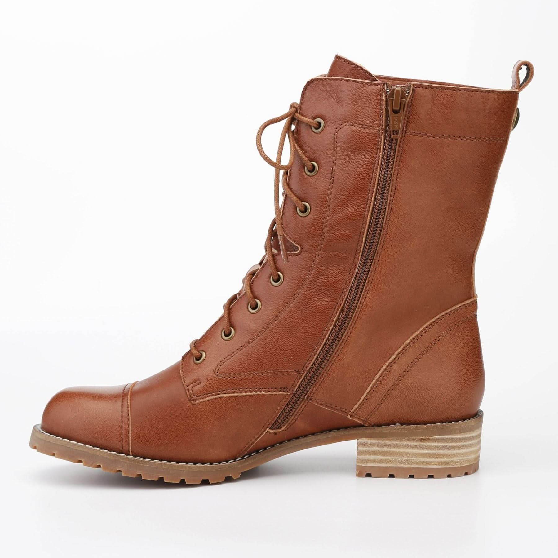 Tan lace-up leather combat boot with chunky sole, side view. - Yellow Earth Australia