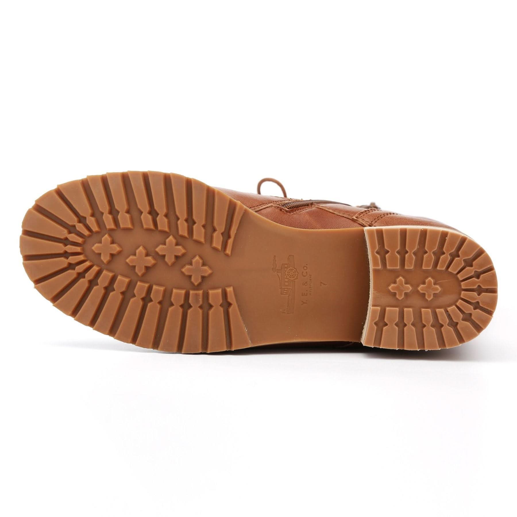 Tan leather desert boot sole view showing textured tread pattern and stitching detail. - Yellow Earth Australia