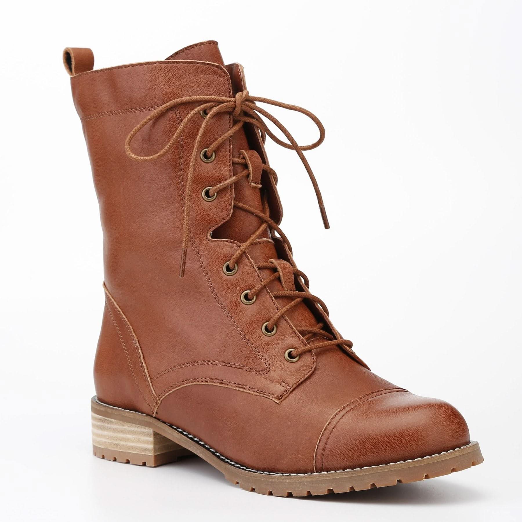 Tan leather lace-up mid-calf boot with chunky block heel, front angle view. - Yellow Earth Australia