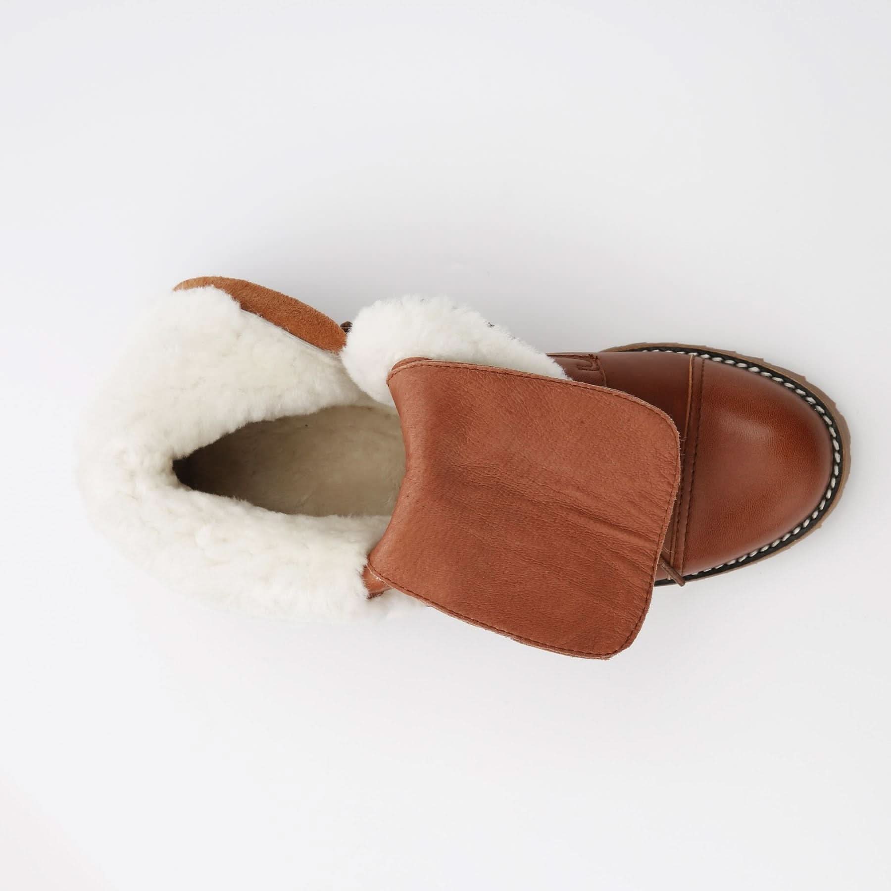 Cognac leather sheepskin slipper boot with cream wool lining, top view. - Yellow Earth Australia