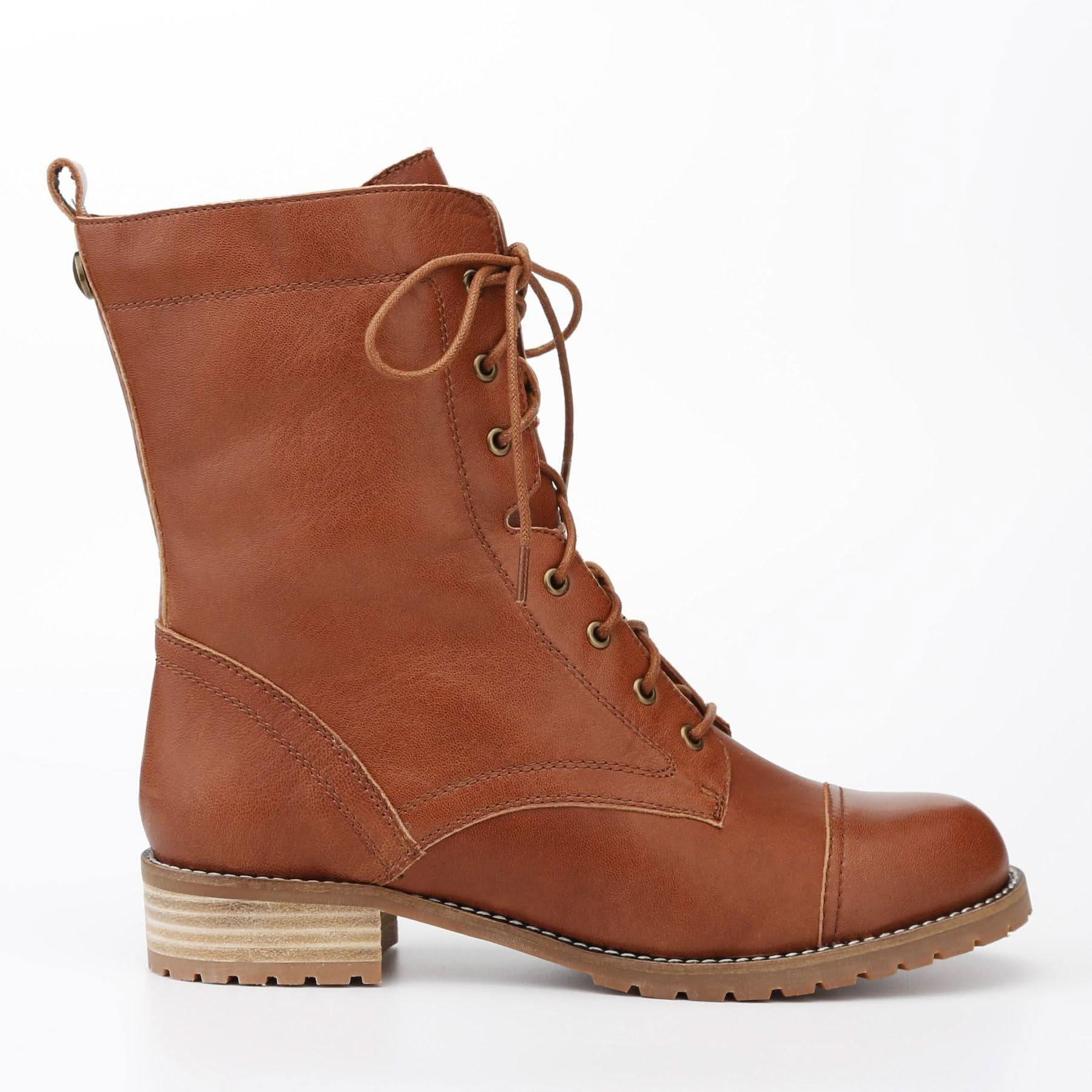Tan leather lace-up combat boot with chunky sole, shown in side view. - Yellow Earth Australia