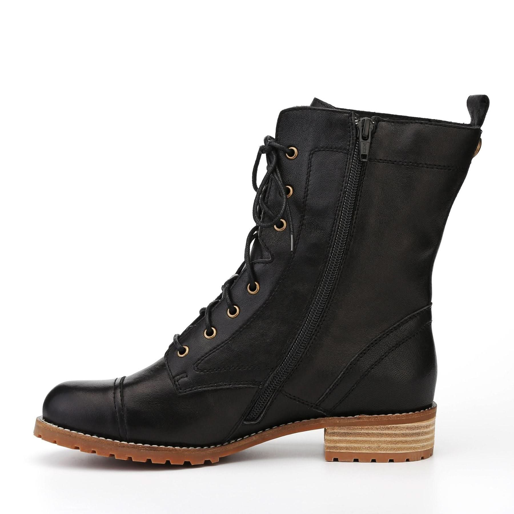 Black leather lace-up mid-calf boot with tan sole, side view. - Yellow Earth Australia