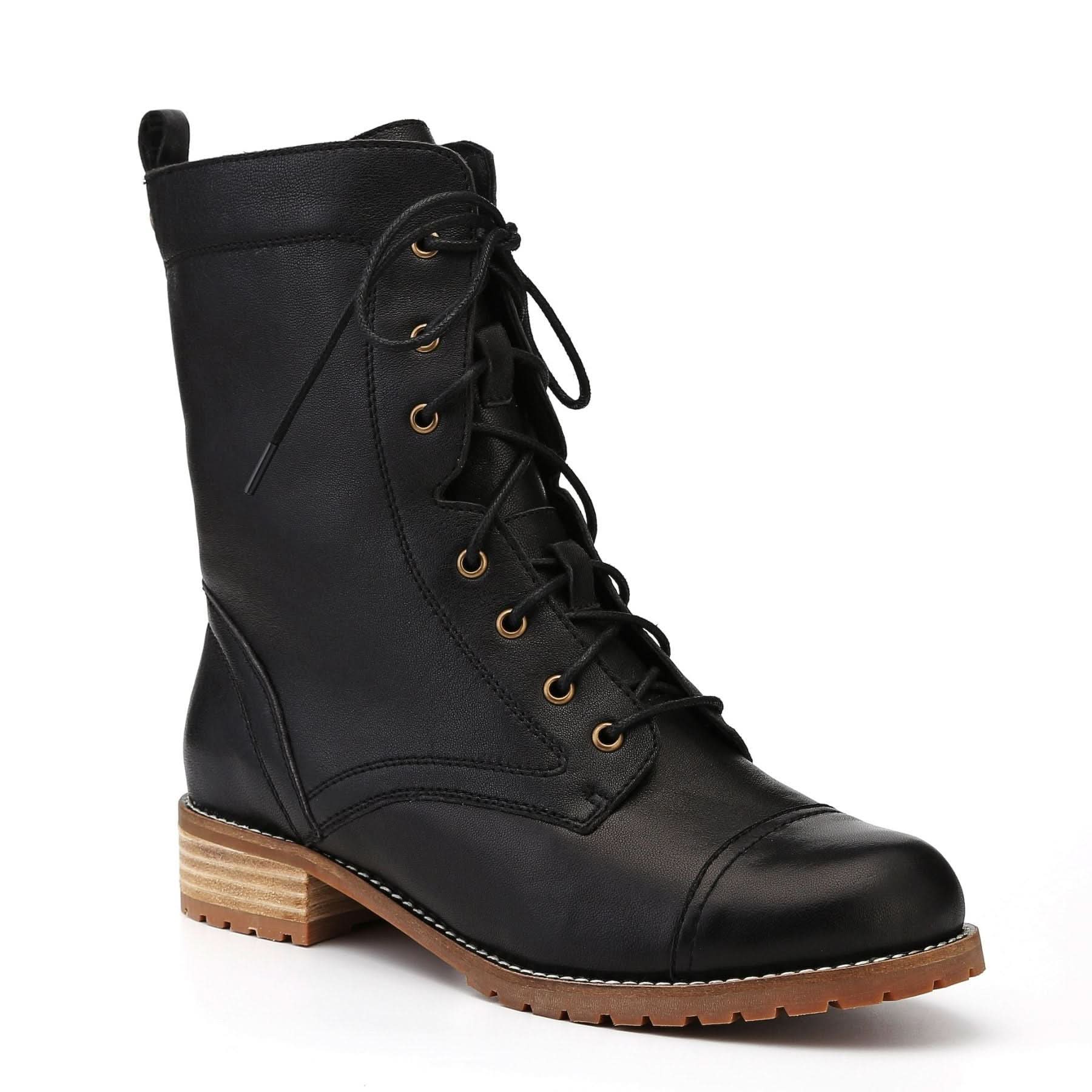 Black leather lace-up combat boot with wooden heel, front three-quarter view. - Yellow Earth Australia