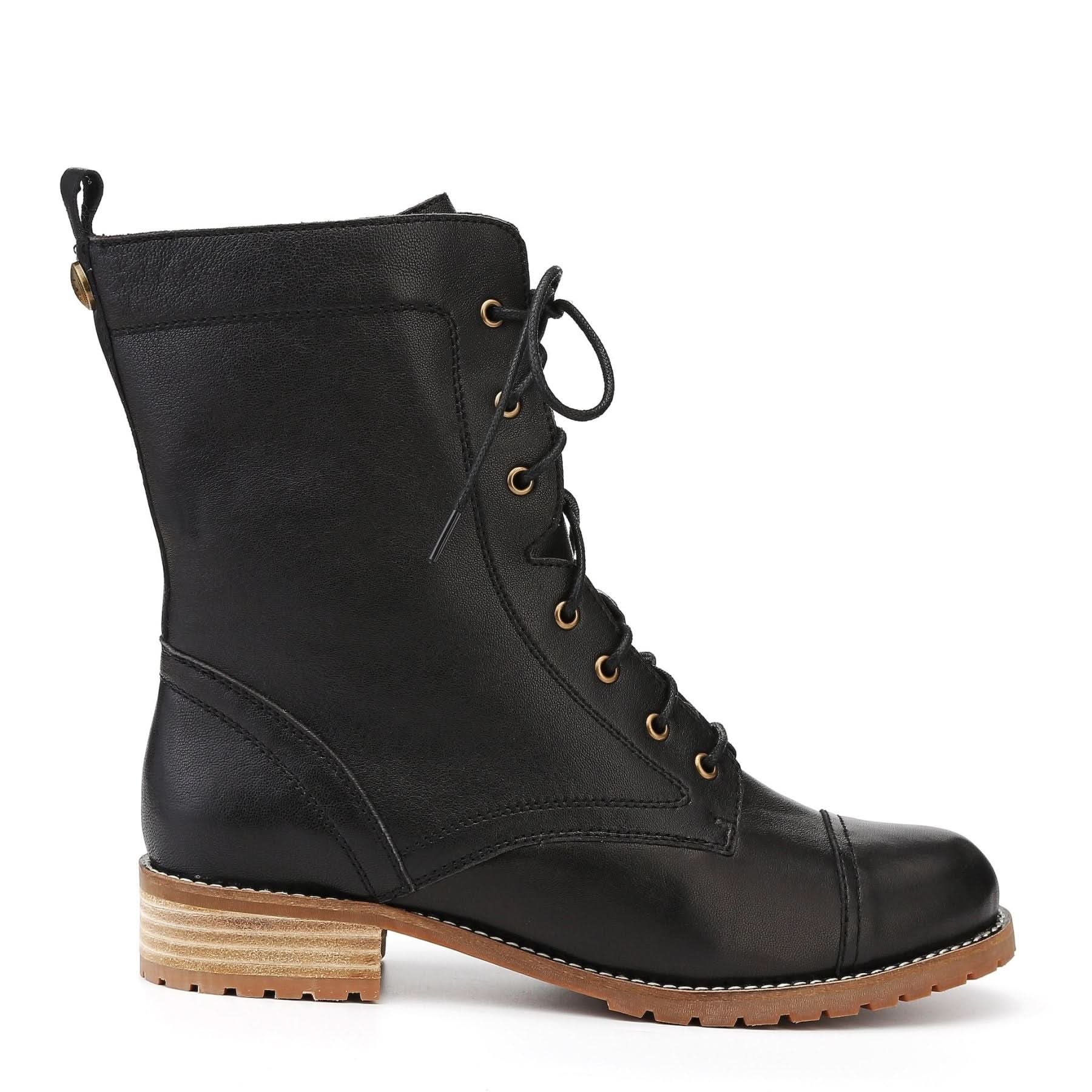 Black leather lace-up combat boot with wooden heel, side view. - Yellow Earth Australia