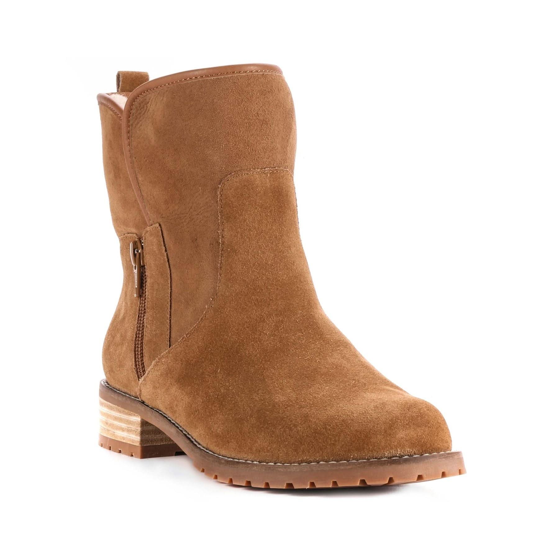 Tan suede mid-calf boot with chunky block heel and lug sole, side view. - Yellow Earth Australia