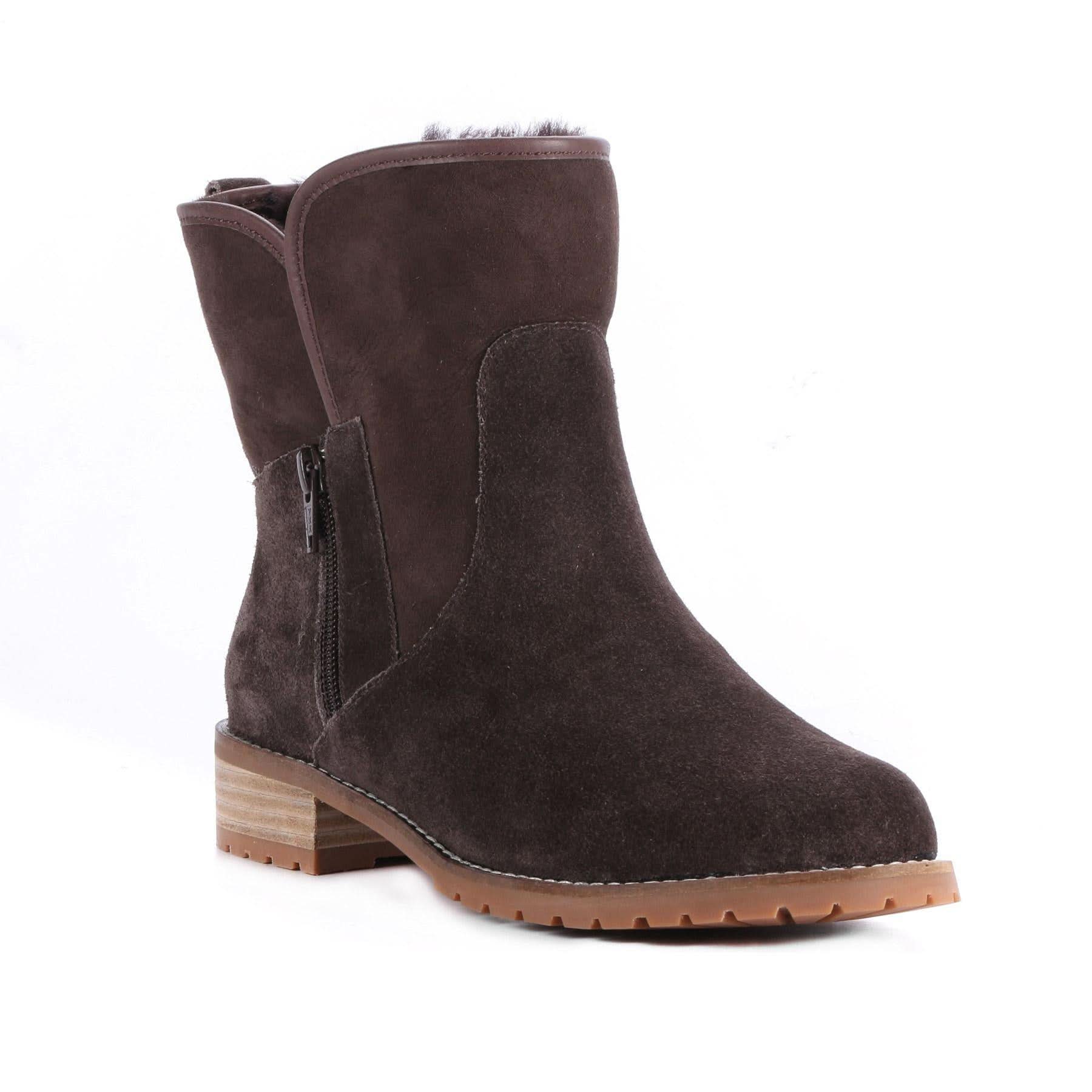 Dark brown suede sheepskin mid-calf boot with chunky lug sole, side view. - Yellow Earth Australia