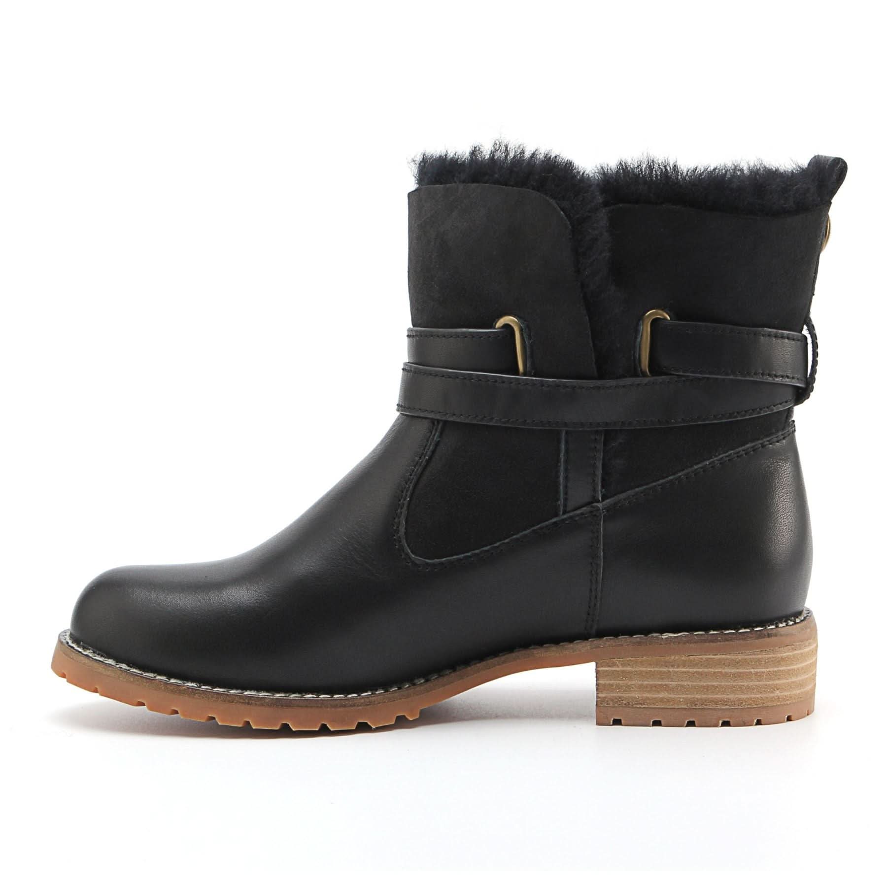Black sheepskin wool lined ankle boot with tan lug sole, side view. - Yellow Earth Australia