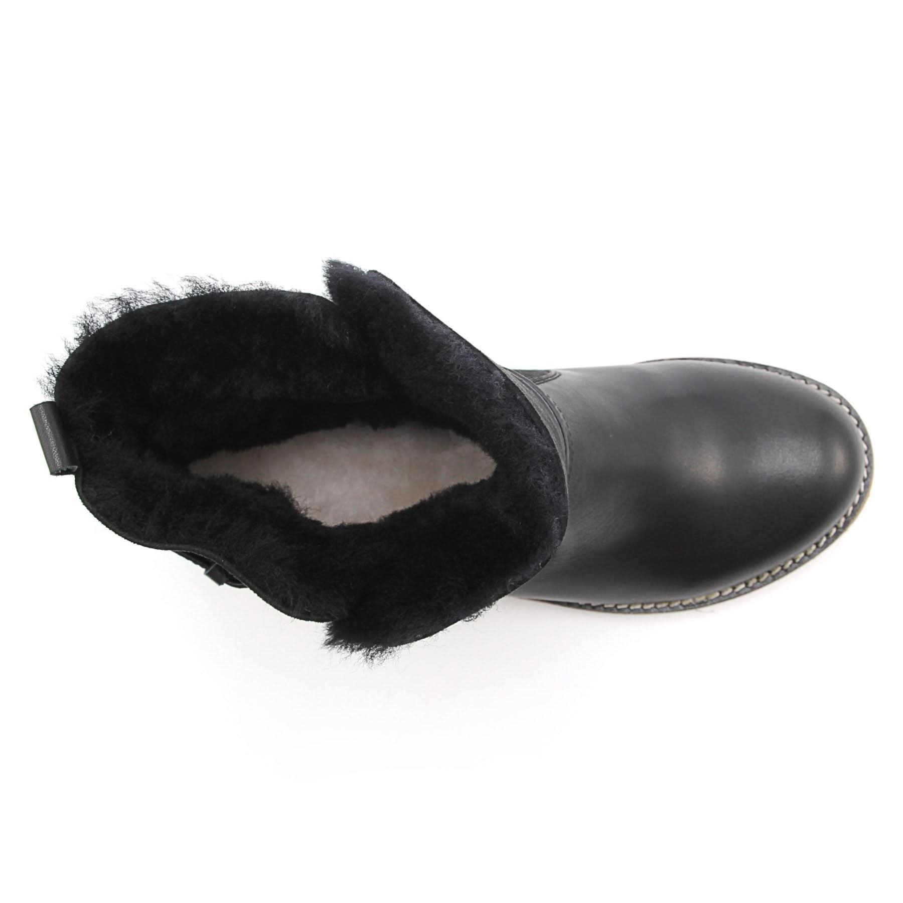 Black leather sheepskin boot with wool lining, top view showing interior. - Yellow Earth Australia