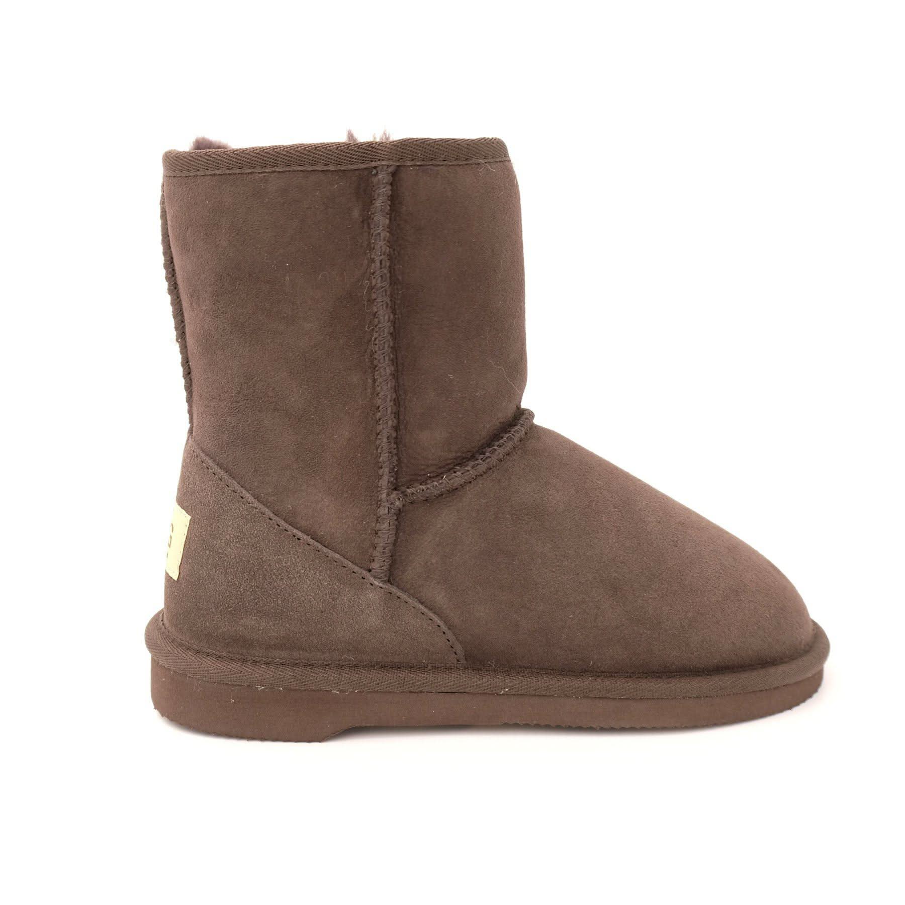 Chocolate brown sheepskin boot with wool lining, side view. - Yellow Earth Australia