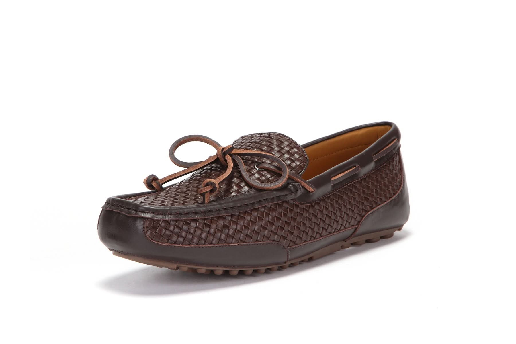 Men's brown woven leather moccasin with bow detail on white background