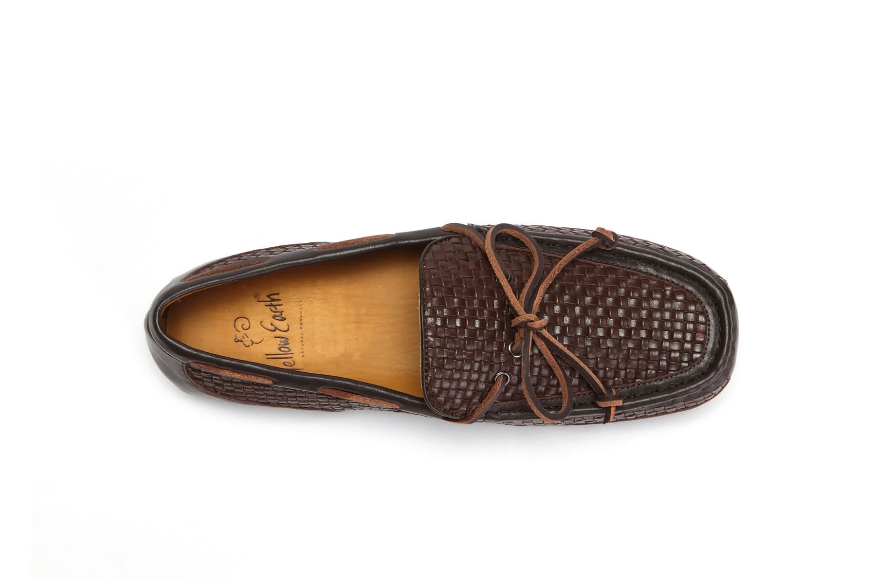 Brown leather woven moccasin with bow detail, men's slip-on dress shoe, top view