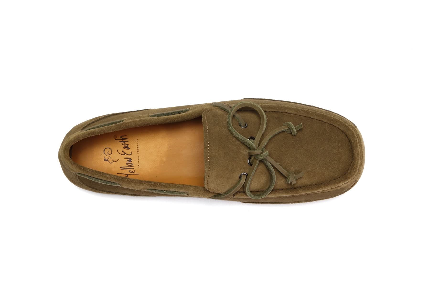 Olive green suede sheepskin moccasin slipper with bow and rubber sole, top view