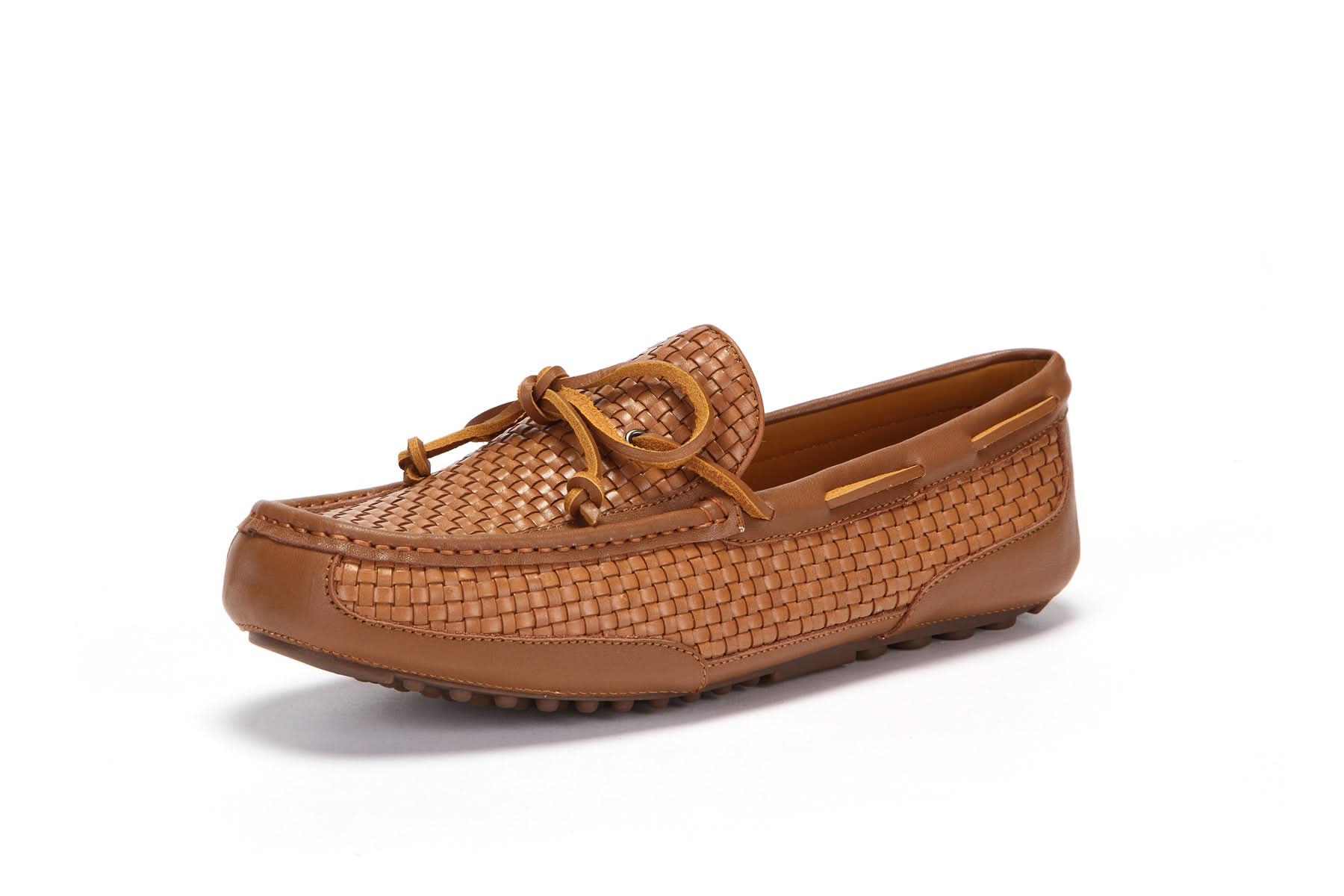 Tan woven leather loafer with knot detail, side view on white background. - Yellow Earth Australia