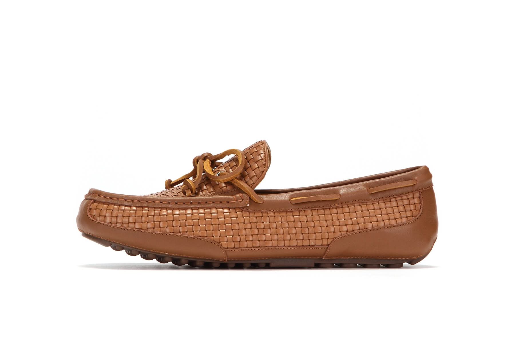 Tan woven leather loafer with knot detail, side view. - Yellow Earth Australia