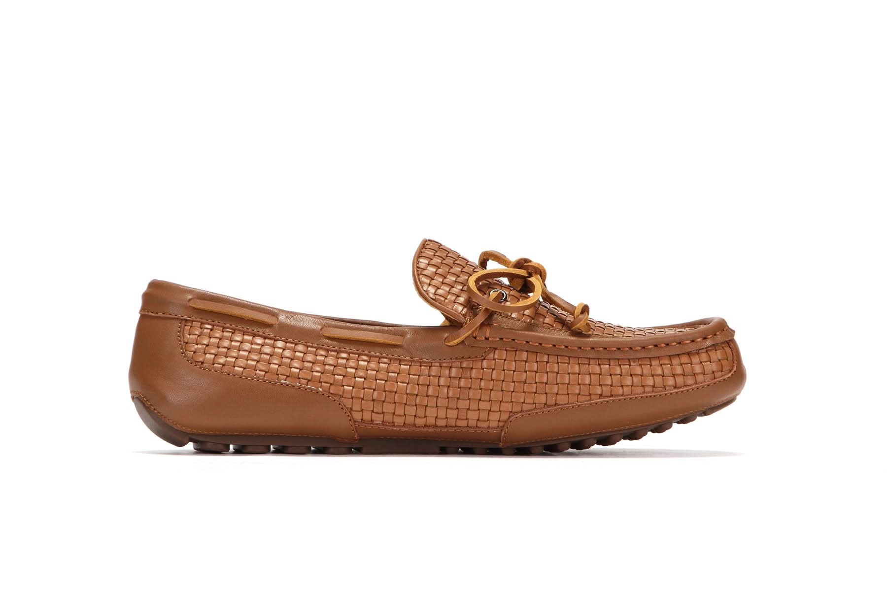 Tan woven leather loafer with gold chain detail, side view. - Yellow Earth Australia