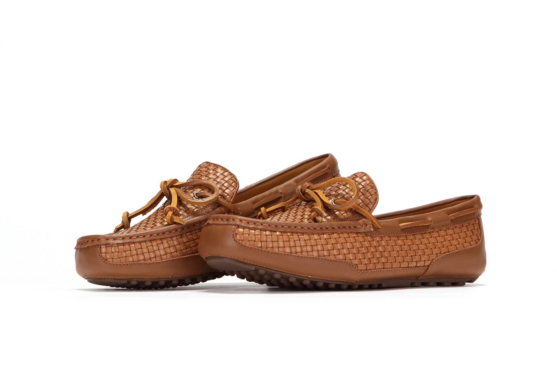 Tan woven leather driving loafers with tassel detail, side view. - Yellow Earth Australia