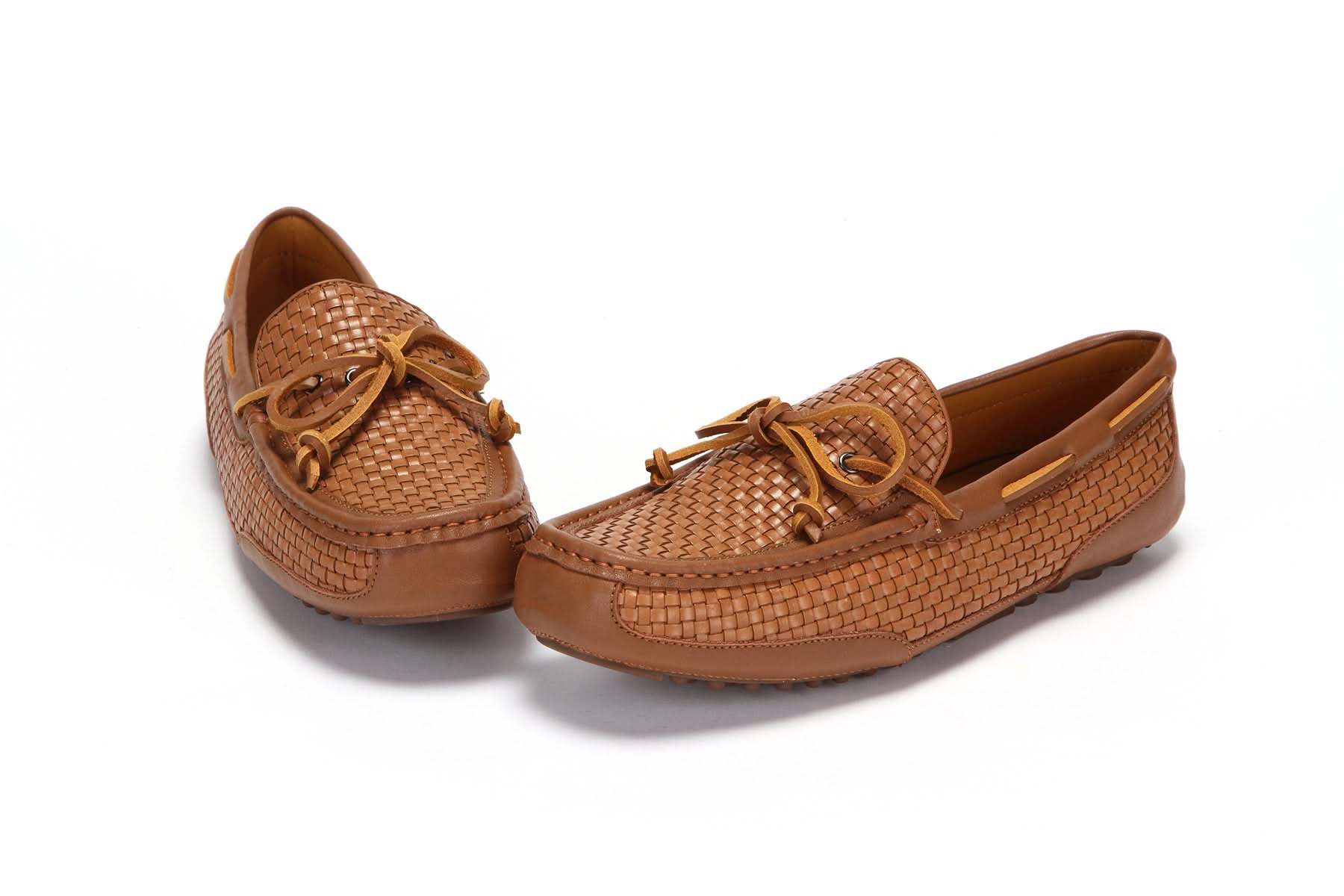 Tan woven leather driving mocs with rope detail, shown from above. - Yellow Earth Australia