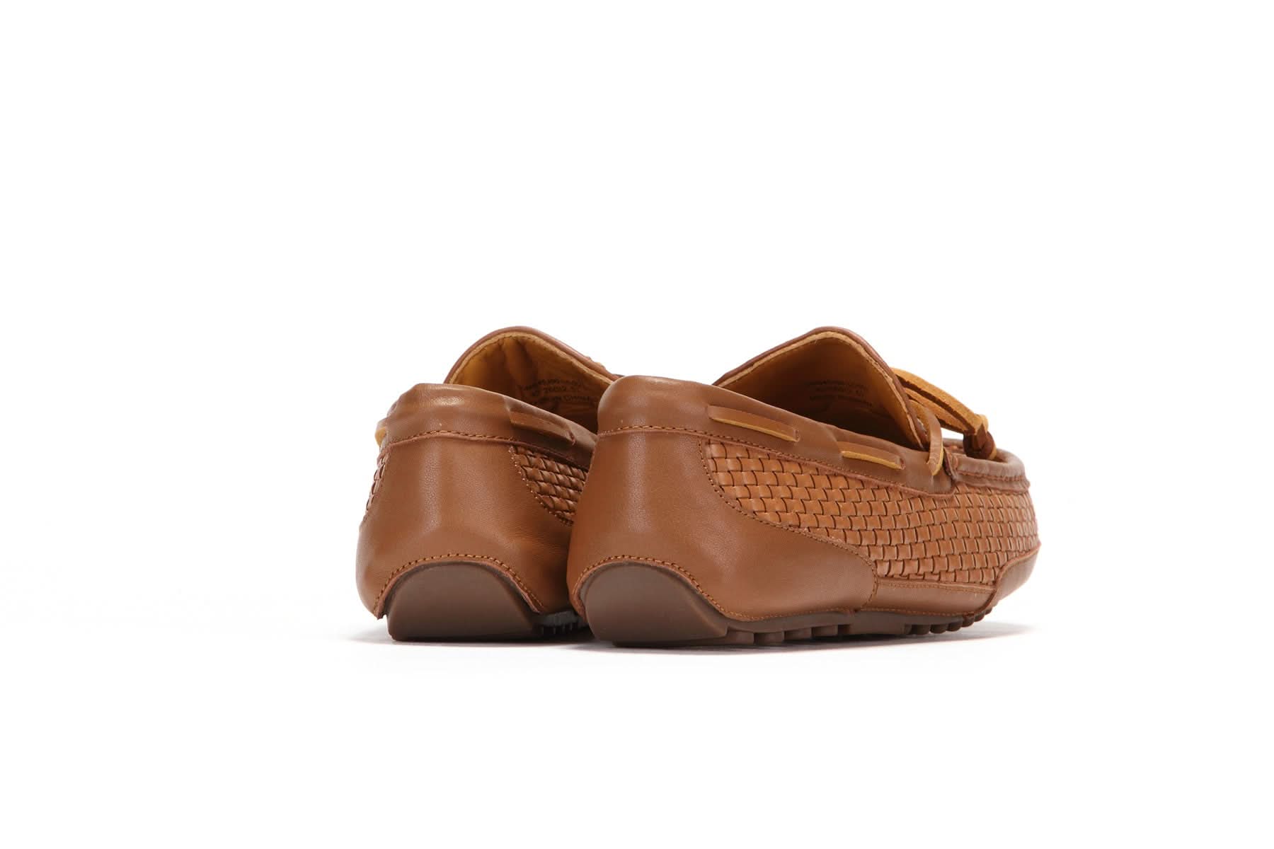 Tan woven leather driving loafers rear view with textured upper. - Yellow Earth Australia