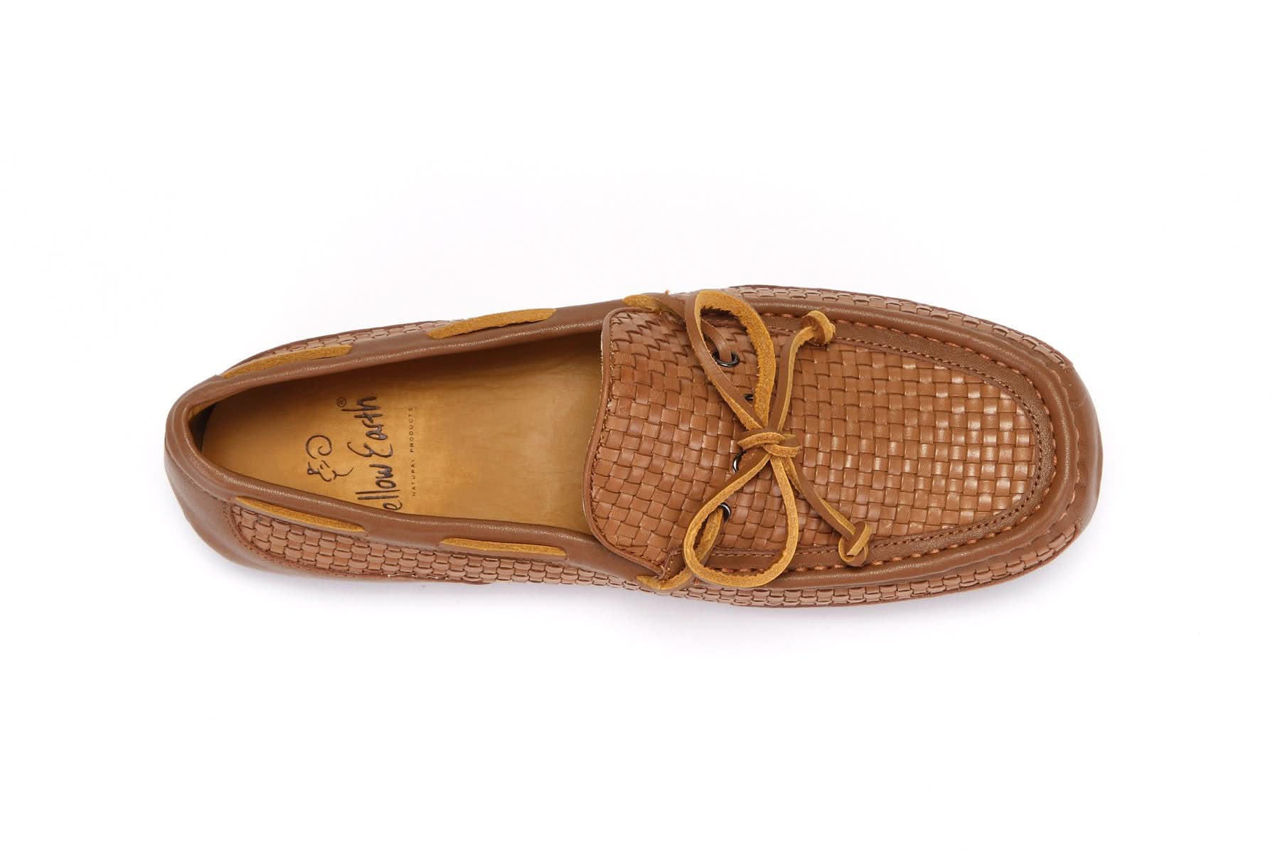 Tan woven leather moccasin with lace detail, top-down view. - Yellow Earth Australia