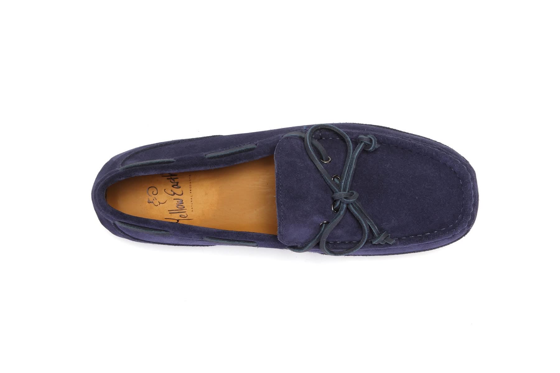 Navy blue suede moccasin with leather lace and tan insole, top view