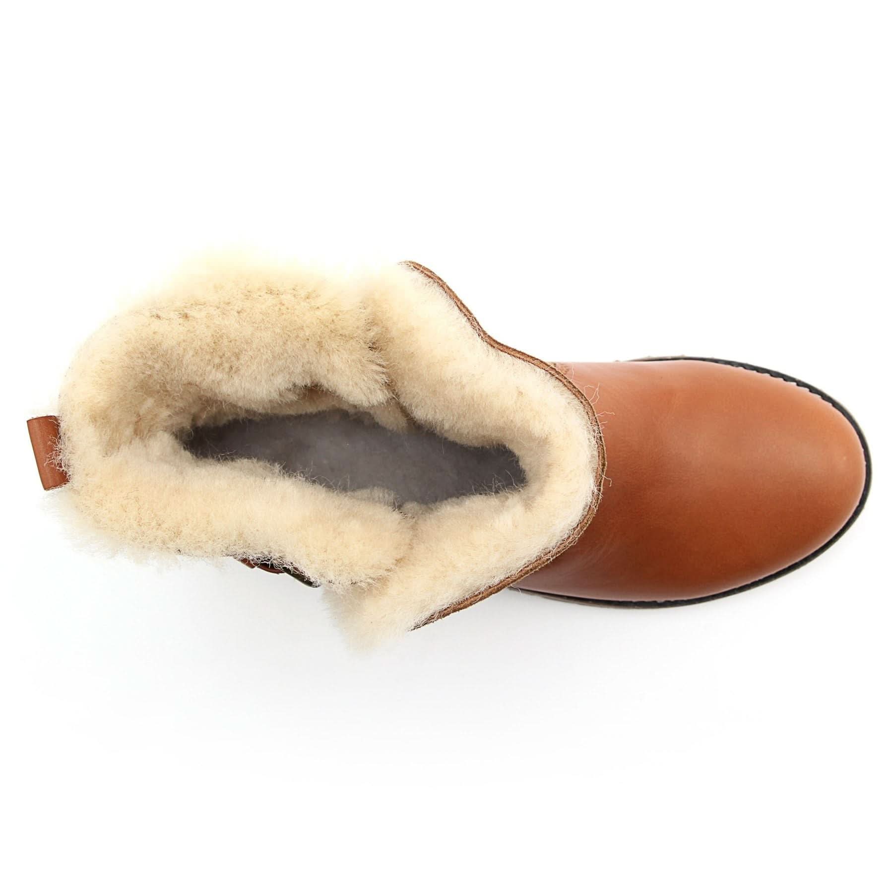 Tan leather sheepskin-lined winter boot with cream wool interior, top-down view. - Yellow Earth Australia