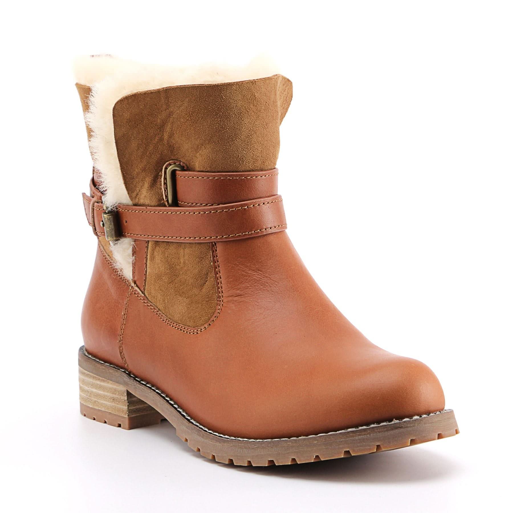Women's tan leather sheepskin-lined ankle boot with buckle strap, side view. - Yellow Earth Australia