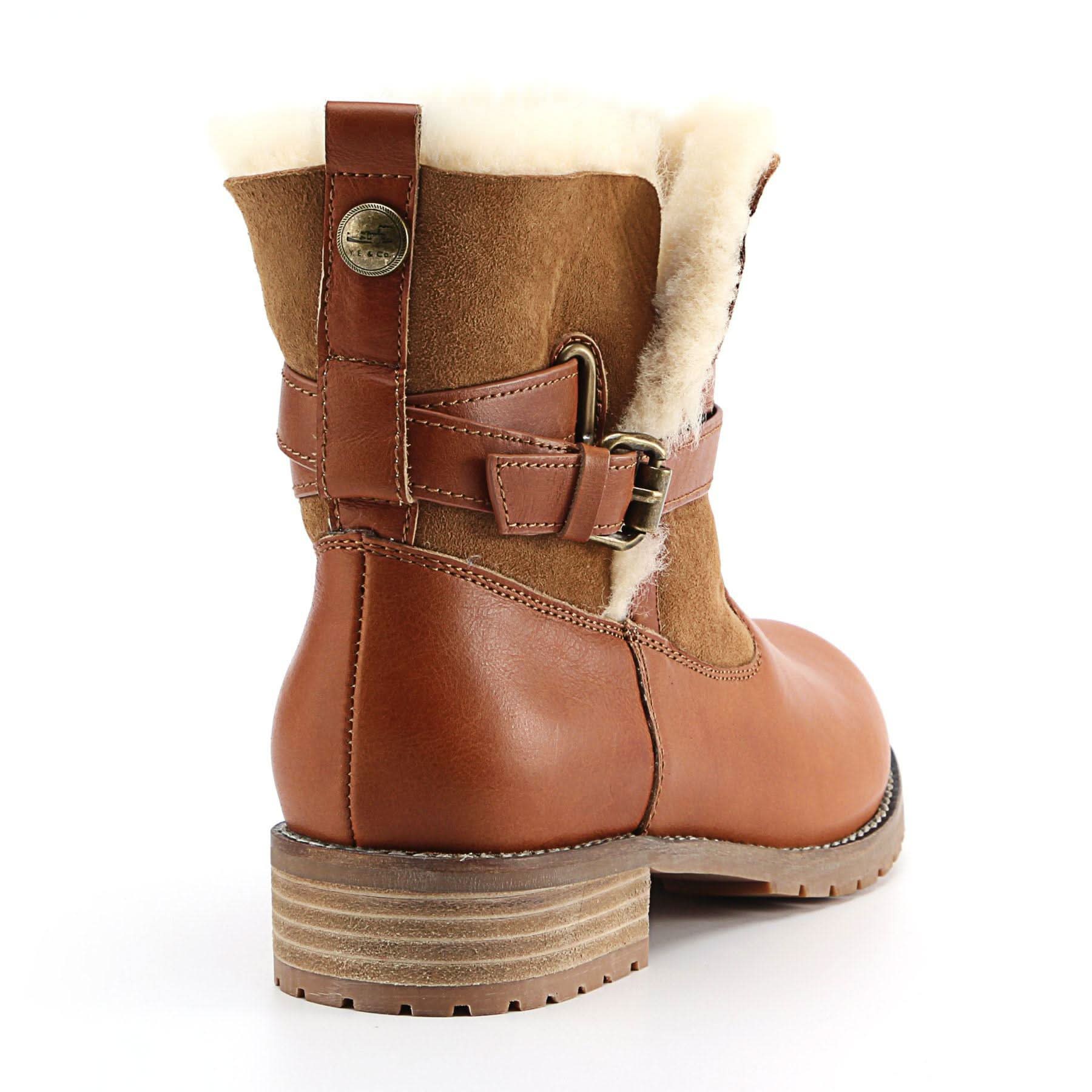 Tan leather and sheepskin winter boot with buckle strap, rear view. - Yellow Earth Australia