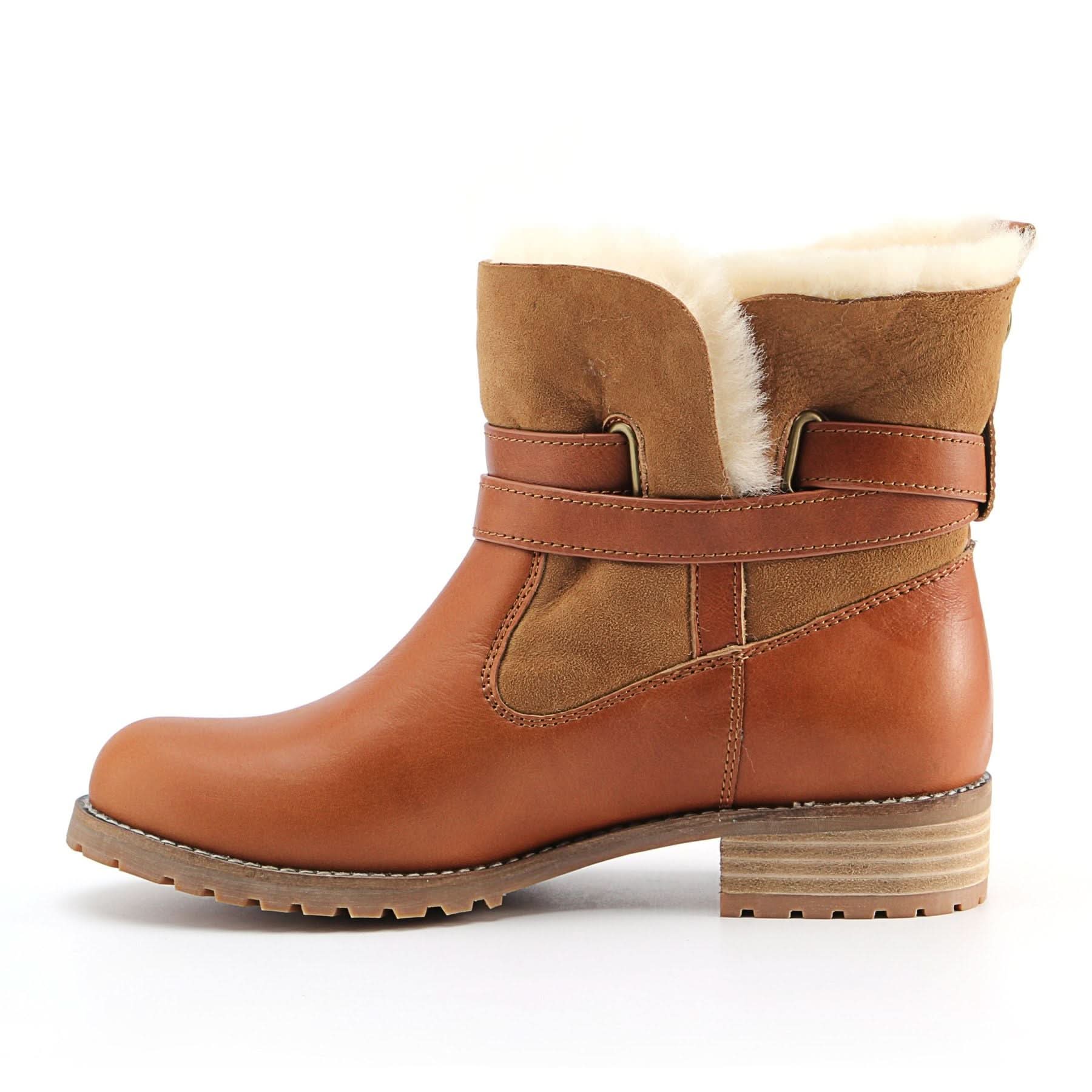 Tan leather and suede sheepskin-lined winter boot with chunky sole, side view. - Yellow Earth Australia