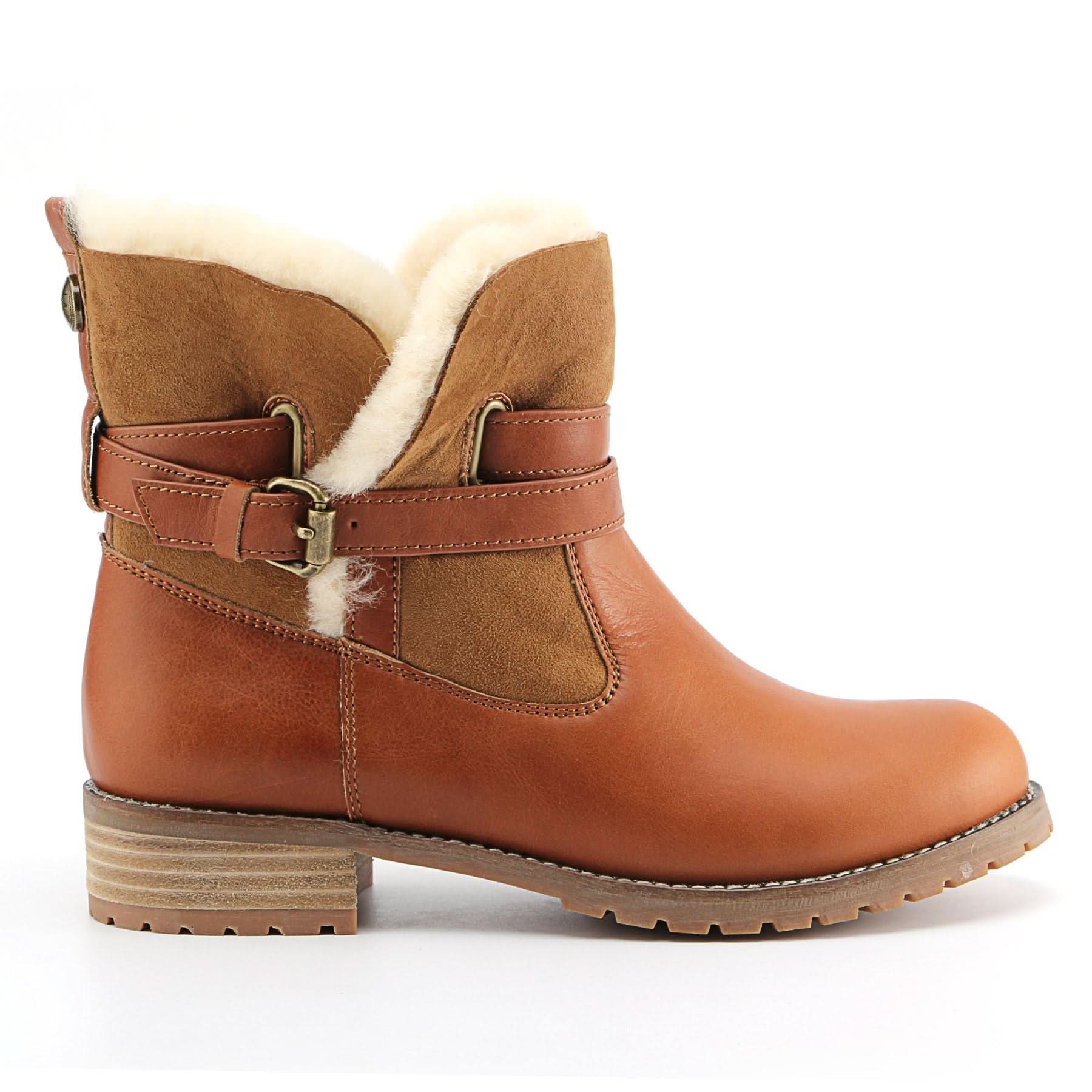 Tan leather sheepskin wool-lined ankle boot with buckle strap, side view. - Yellow Earth Australia