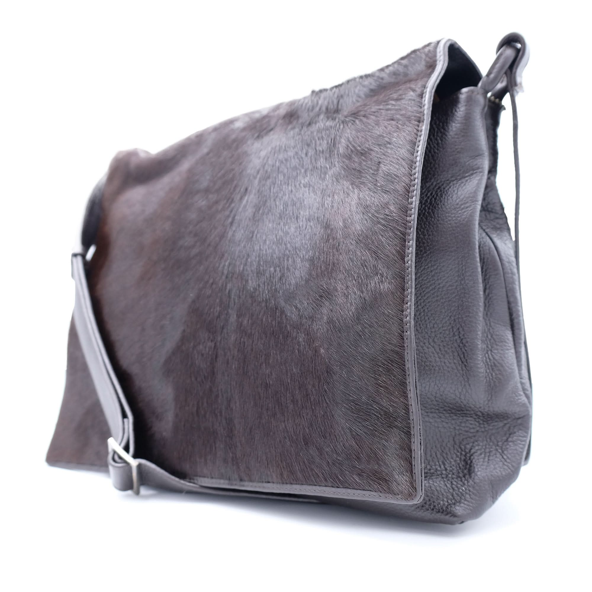 Grey sheepskin and leather messenger bag with textured pony hair front panel. - Yellow Earth Australia