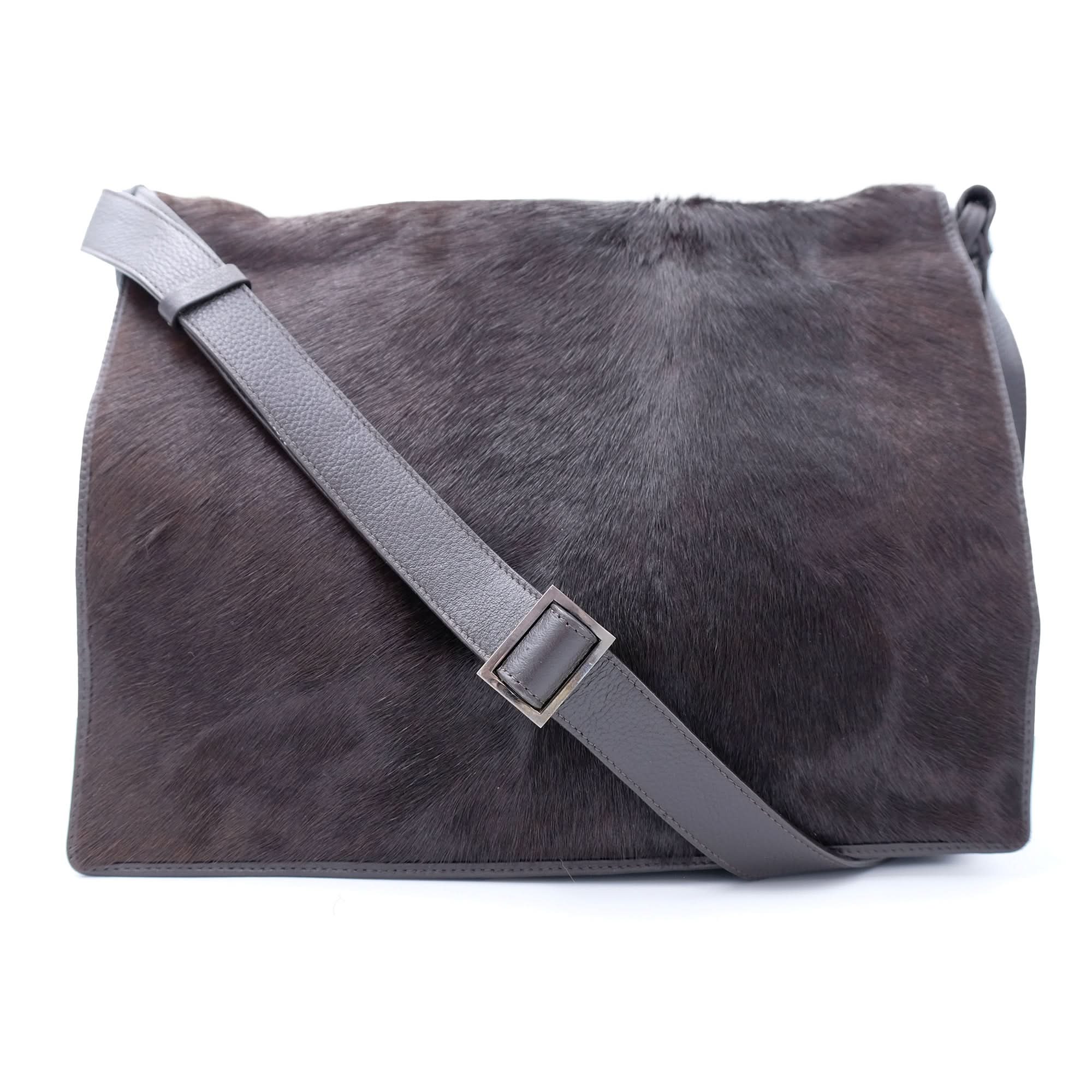 Grey sheepskin messenger bag with leather strap, front view. - Yellow Earth Australia