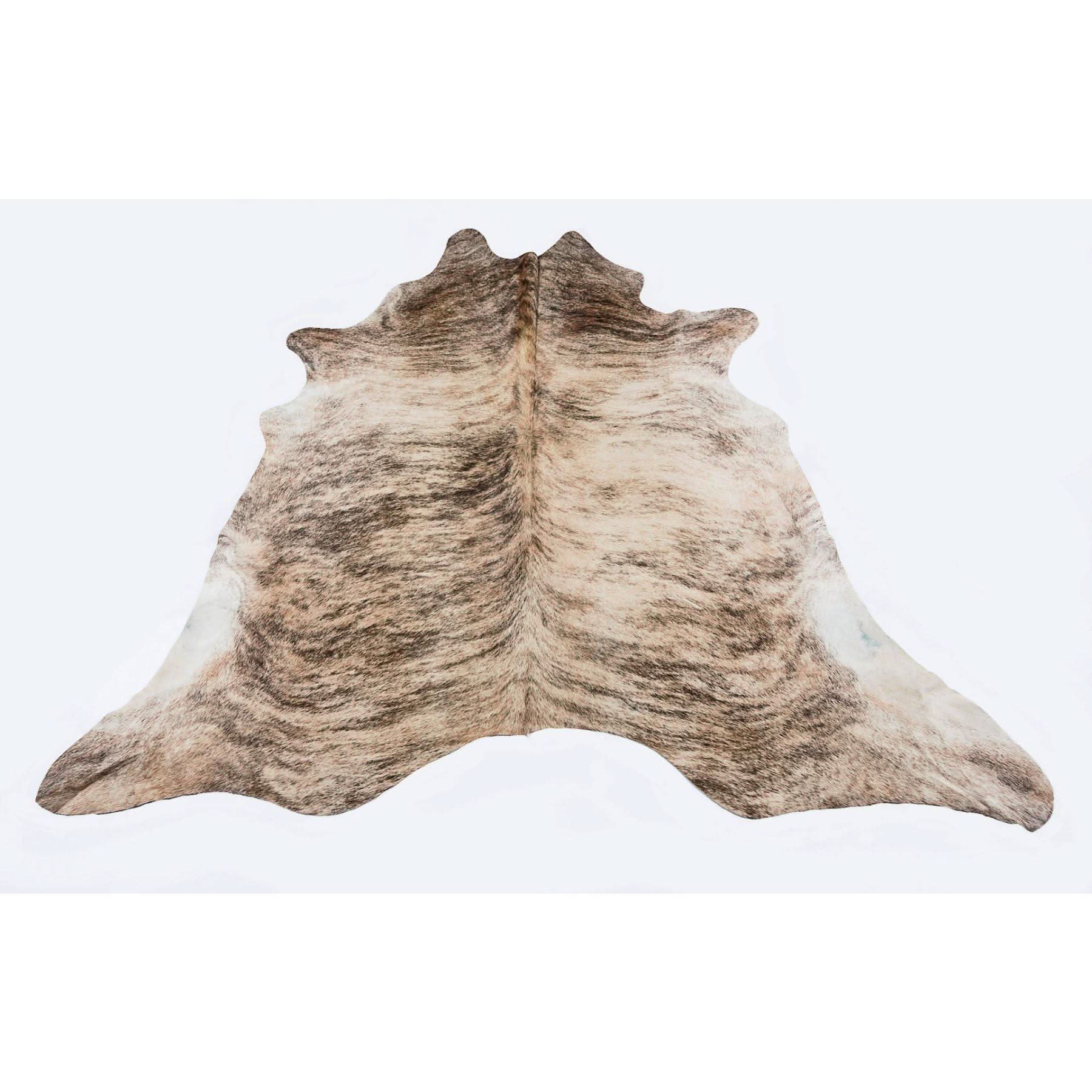 Brindle cowhide rug with natural texture viewed from above on white background. - Yellow Earth Australia