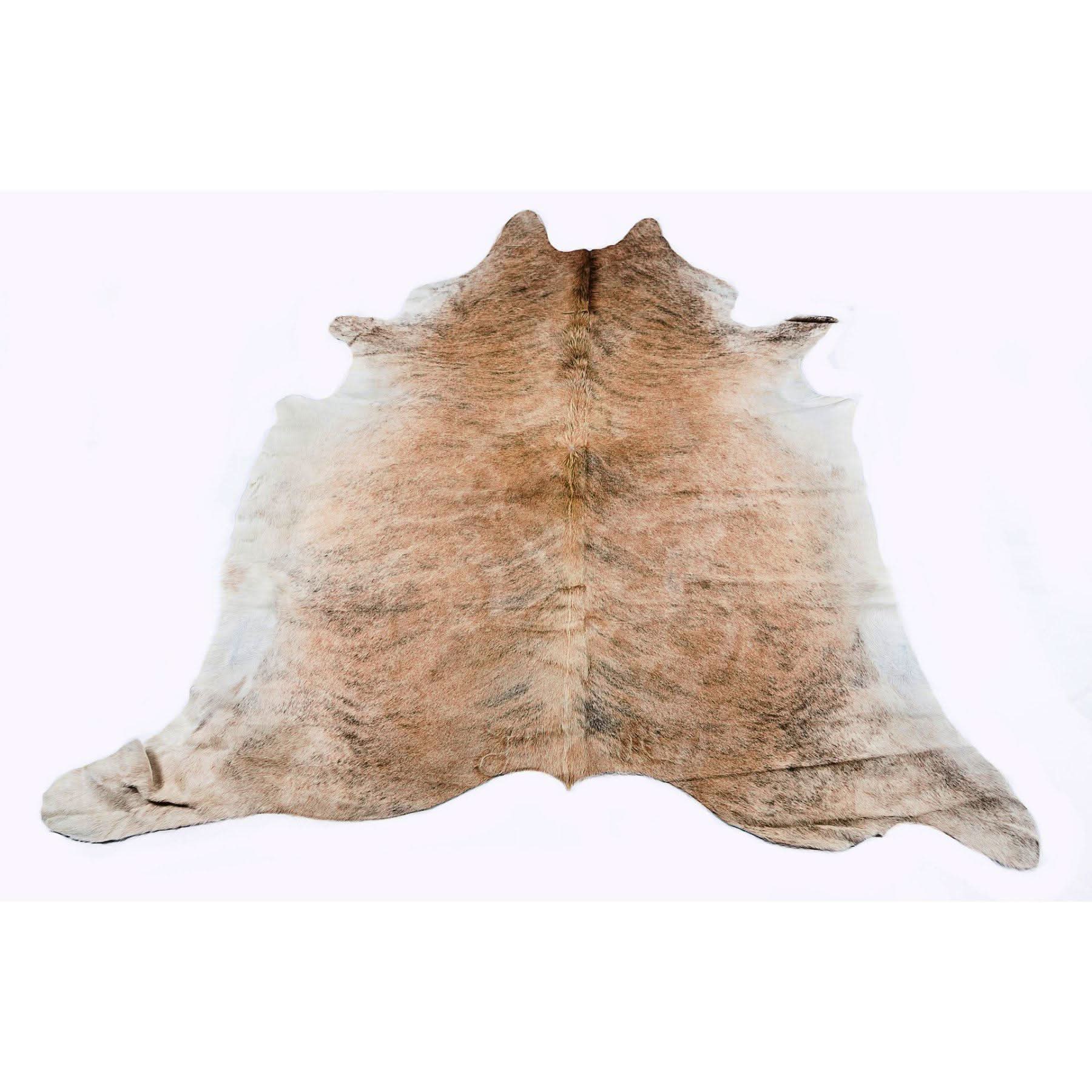 Natural tan and white cowhide rug displayed flat from above showing full hide. - Yellow Earth Australia