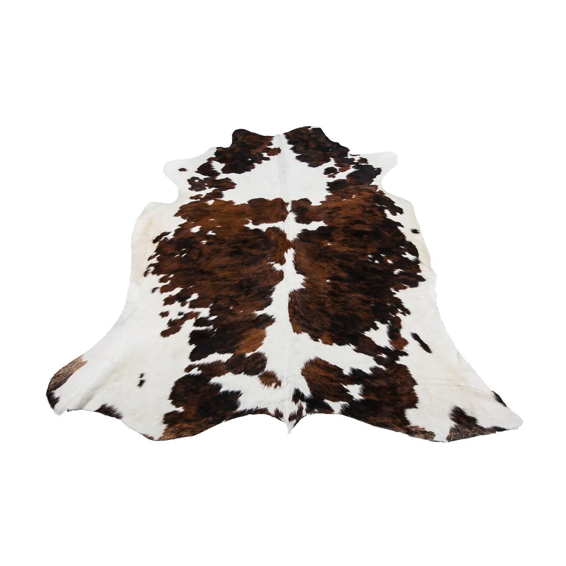 Brown and white cowhide rug with natural fur texture displayed flat from above. - Yellow Earth Australia