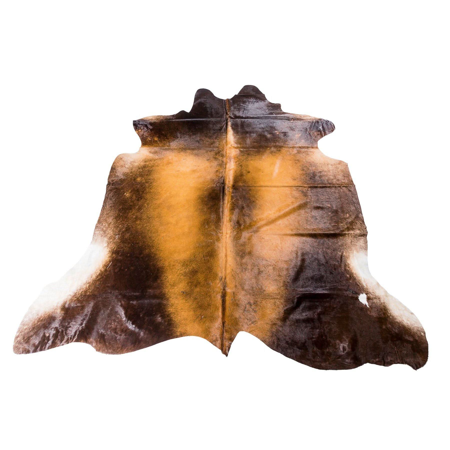 Tan and dark brown cowhide rug displayed flat from above on white background. - Yellow Earth Australia