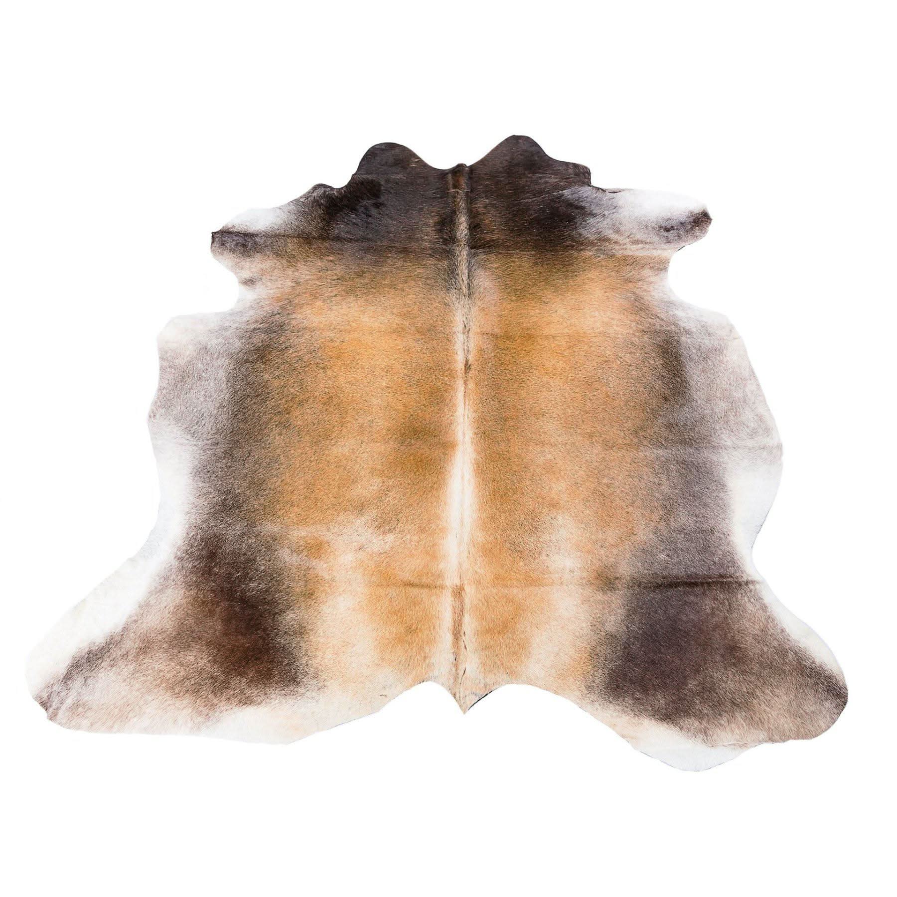 Natural sheepskin rug with tan and brown tones shown from above on white background. - Yellow Earth Australia