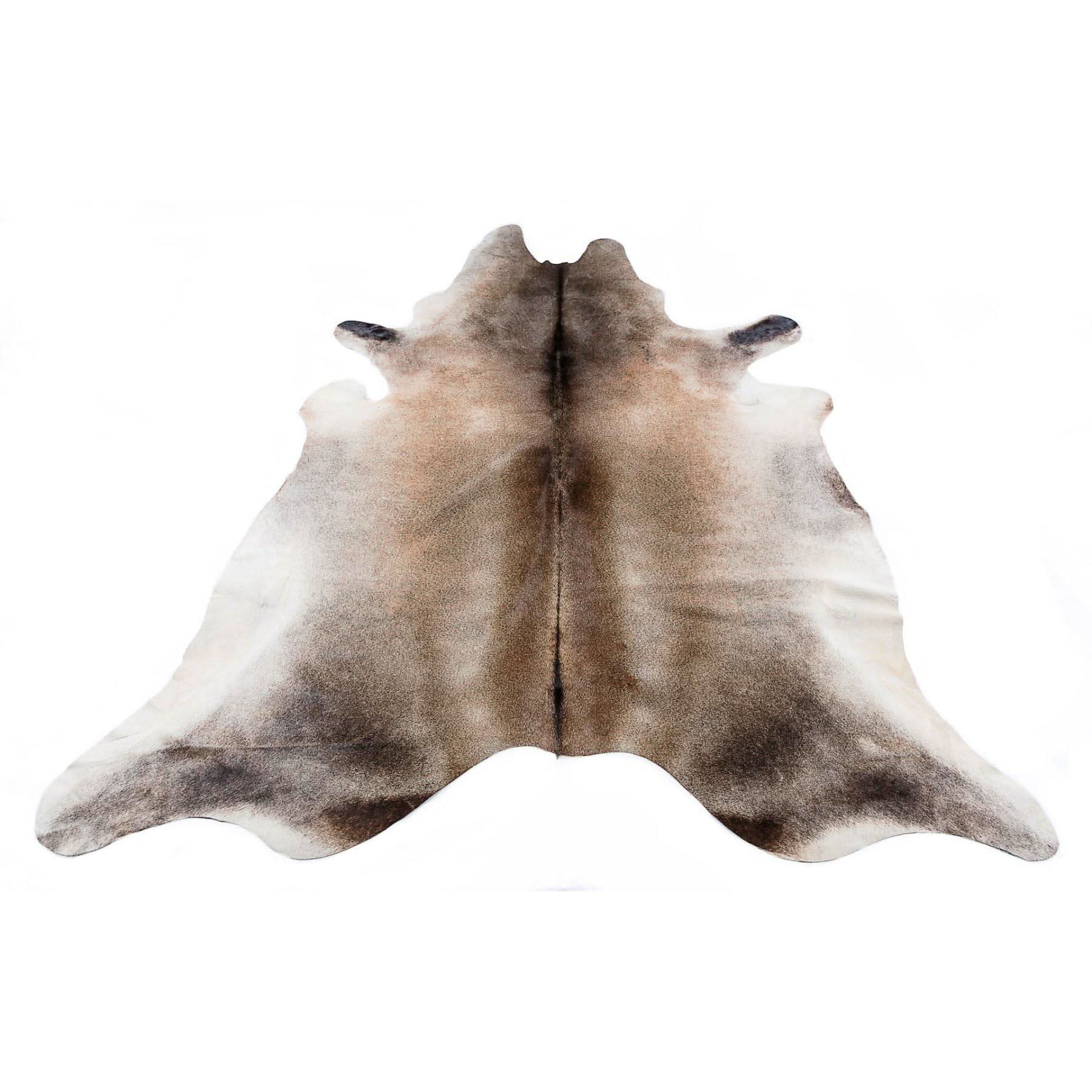 Natural grey and white cowhide rug displayed flat from above view. - Yellow Earth Australia