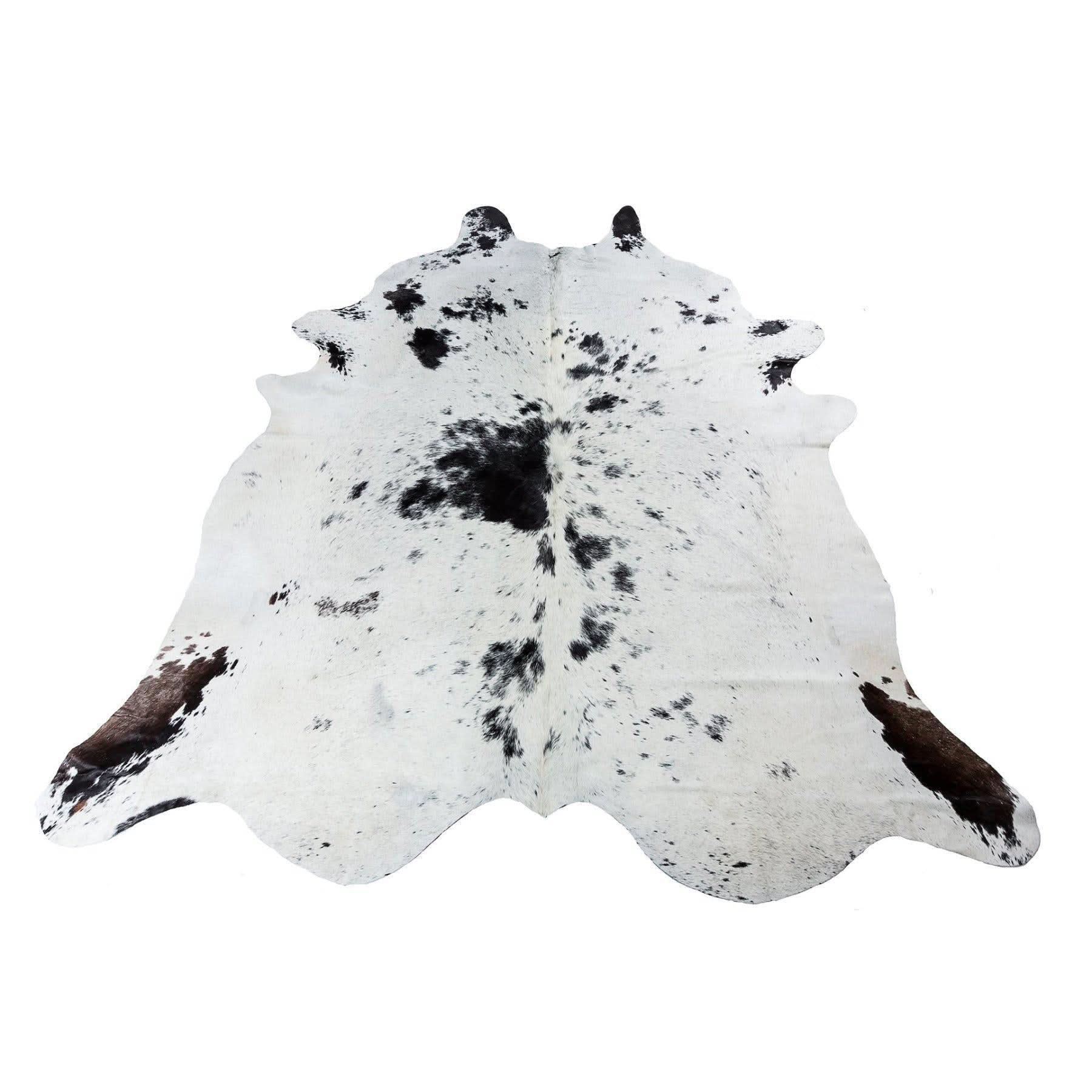 White and black speckled cowhide rug displayed flat from above. - Yellow Earth Australia