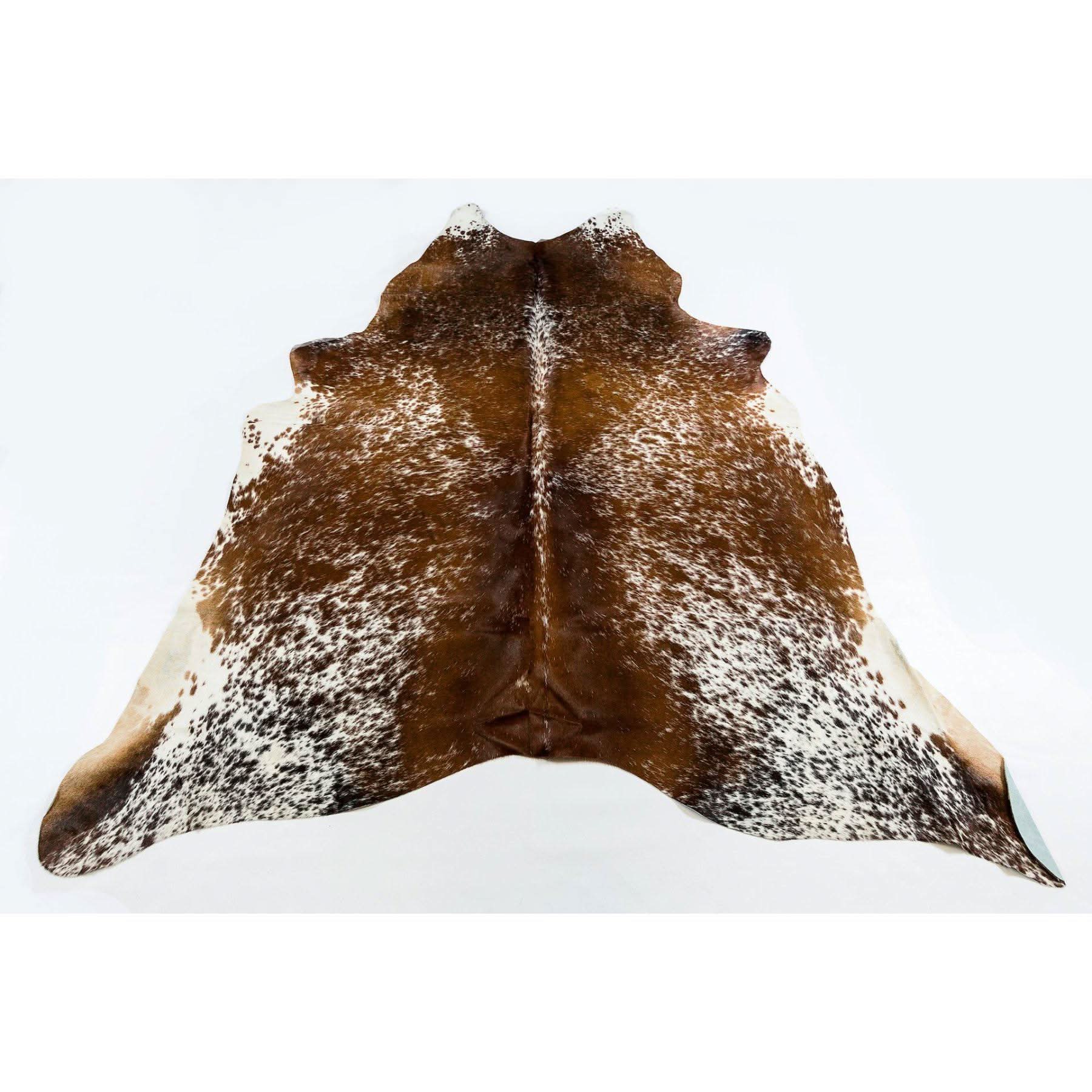 Brown and white cowhide rug displayed flat from above showing speckled natural texture. - Yellow Earth Australia