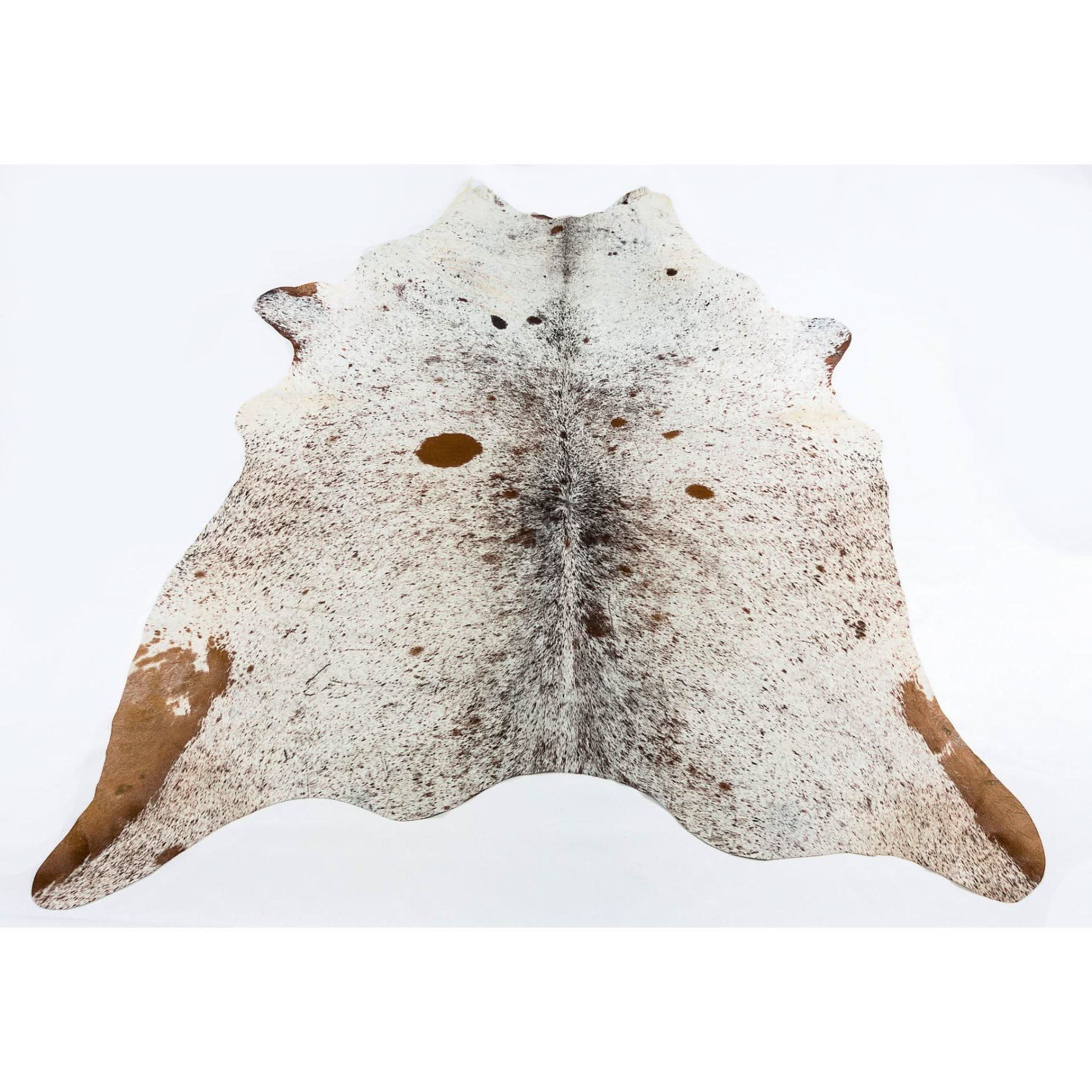 Cream and brown speckled cowhide rug displayed flat from above on white background. - Yellow Earth Australia
